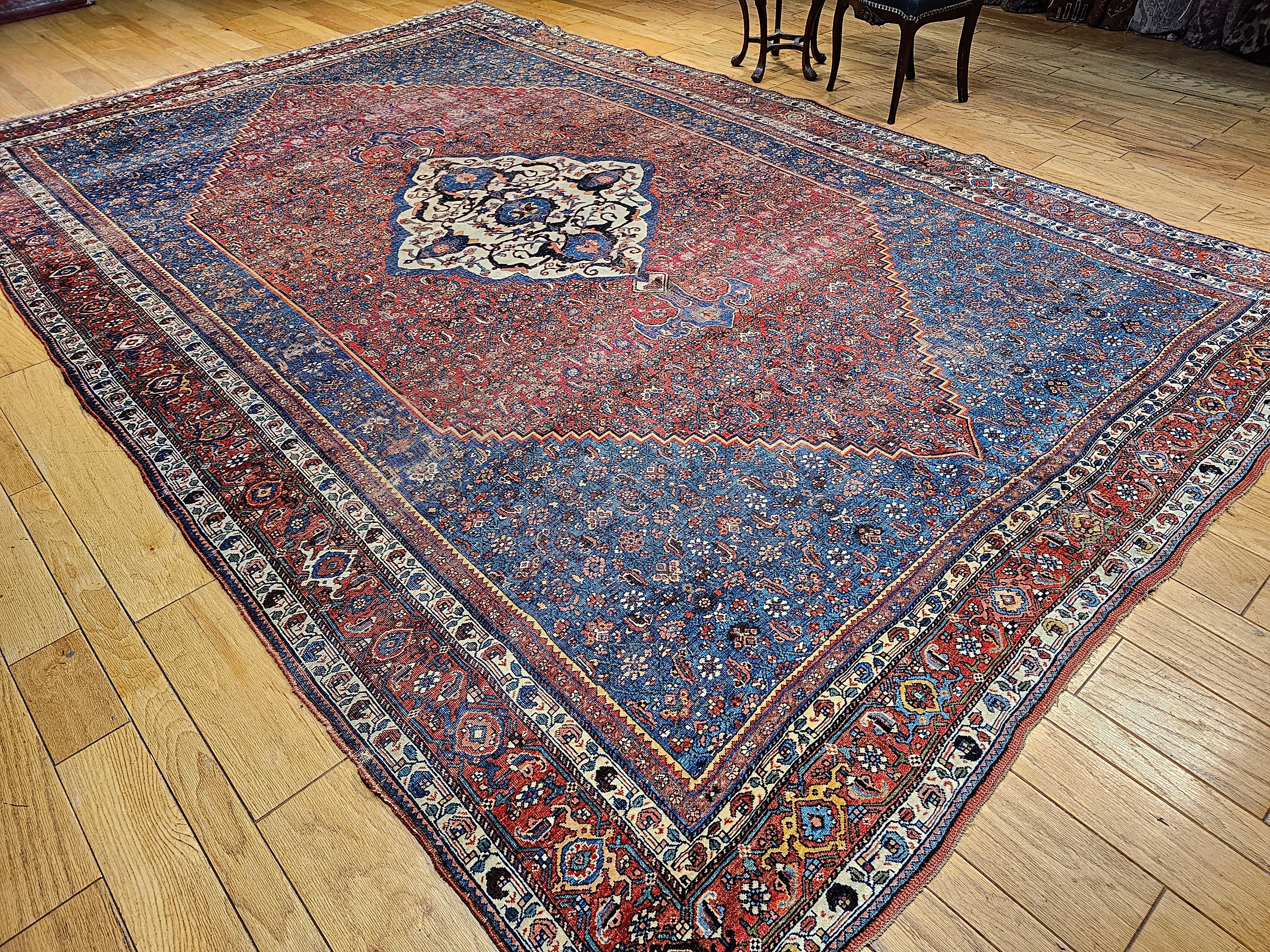 Vintage Persian Bidjar in a Herati Geometric Pattern in French Blue, Red, Ivory For Sale 6