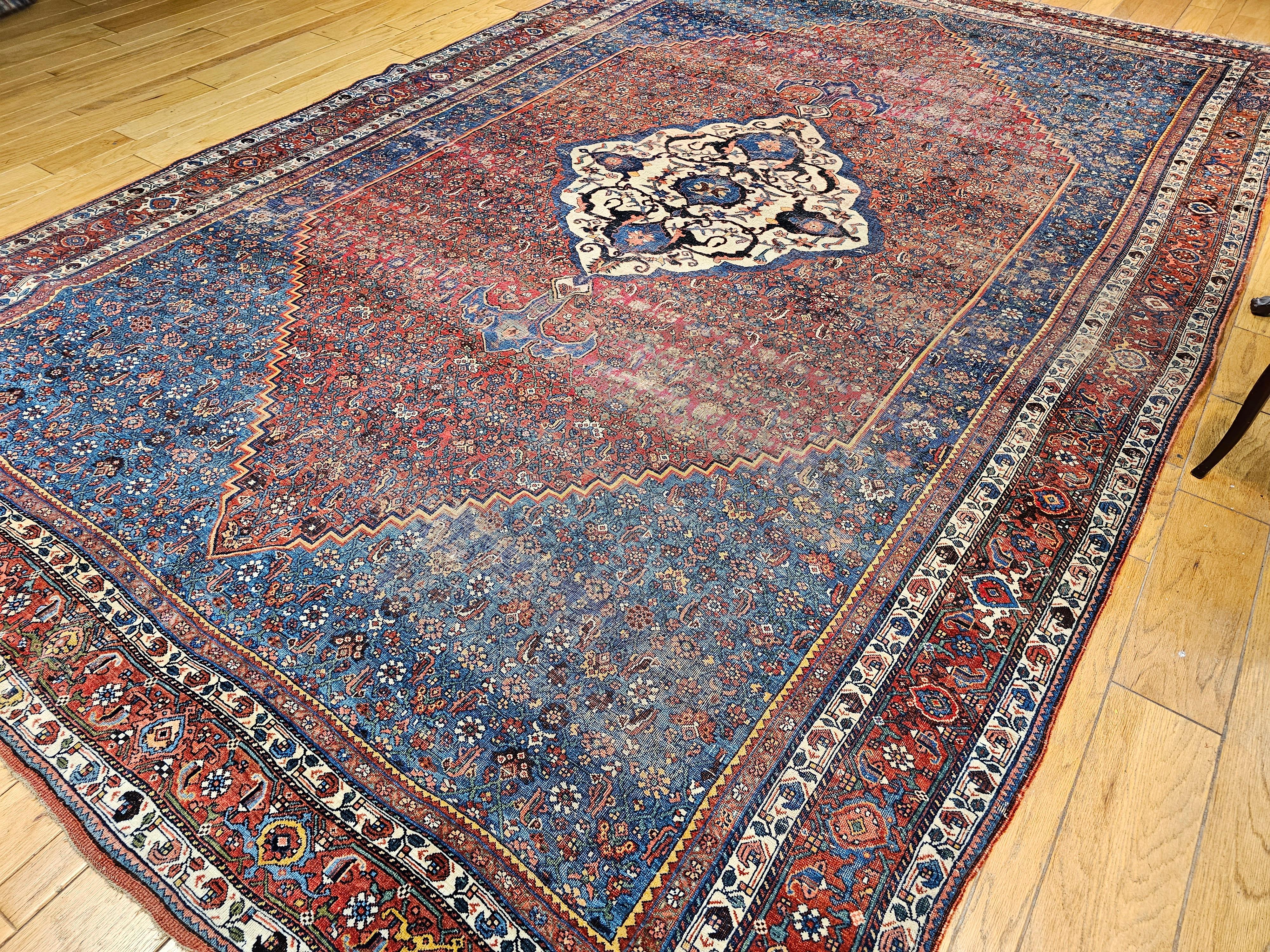 Vintage Persian Bidjar in a Herati Geometric Pattern in French Blue, Red, Ivory For Sale 7