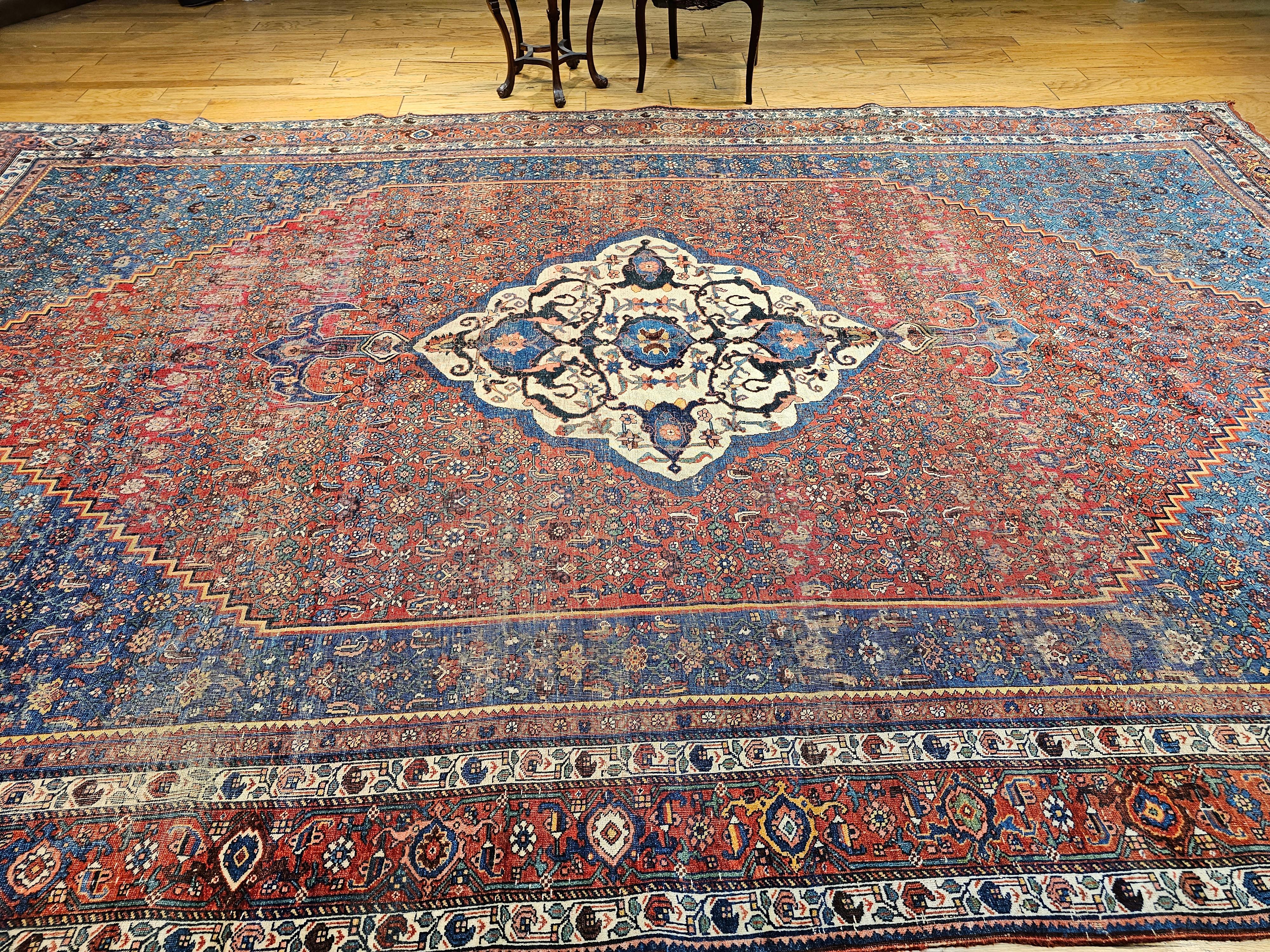 Vintage Persian Bidjar in a Herati Geometric Pattern in French Blue, Red, Ivory For Sale 8