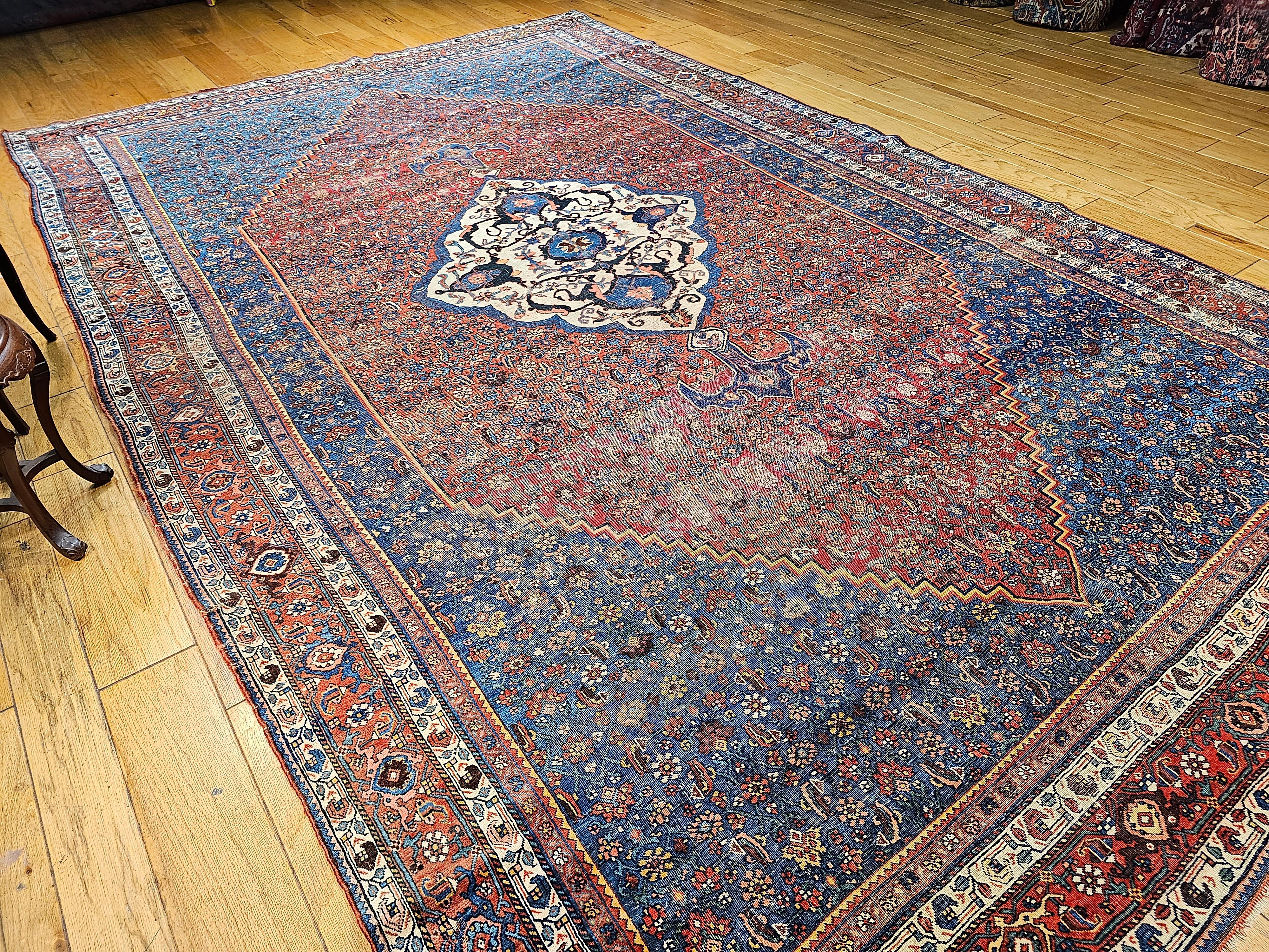 Vintage Persian Bidjar in a Herati Geometric Pattern in French Blue, Red, Ivory For Sale 9