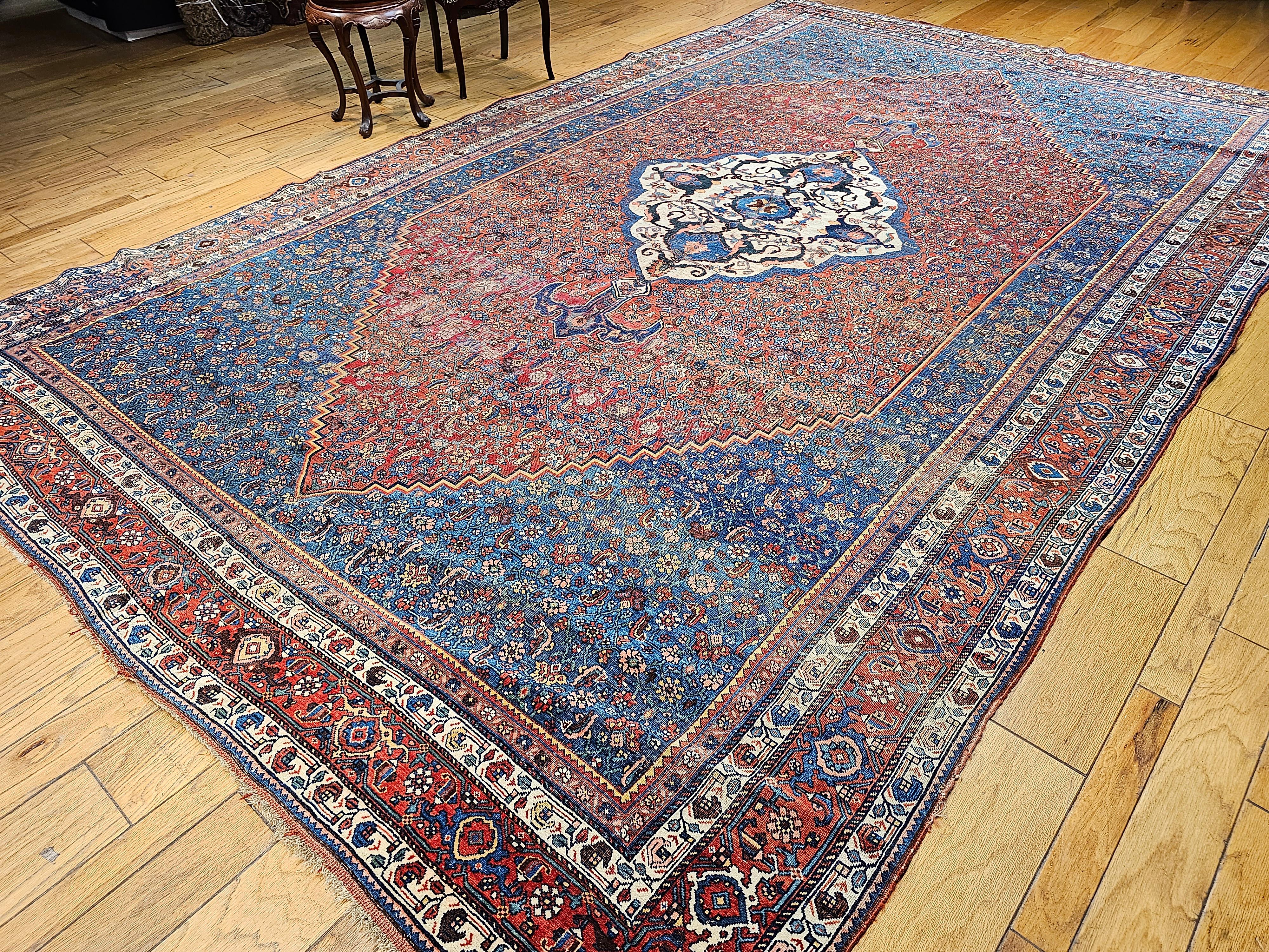 Vintage Persian Bidjar in a Herati Geometric Pattern in French Blue, Red, Ivory For Sale 10