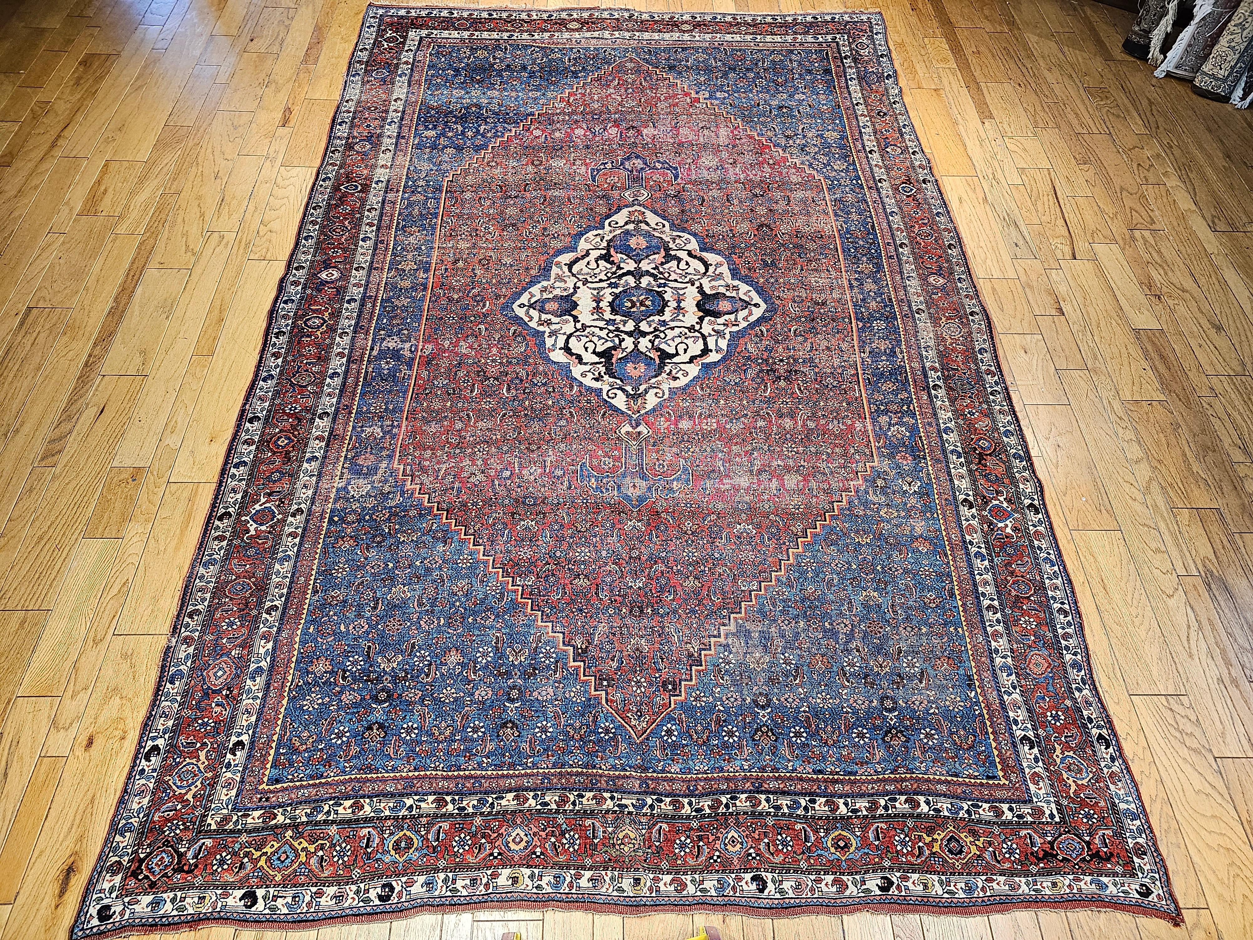 Vintage Persian Bidjar in a Herati Geometric Pattern in French Blue, Red, Ivory For Sale 11