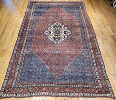 19th Century Hand-Knotted Persian Bidjar, Geometric Pattern in Red, Blue, Ivory