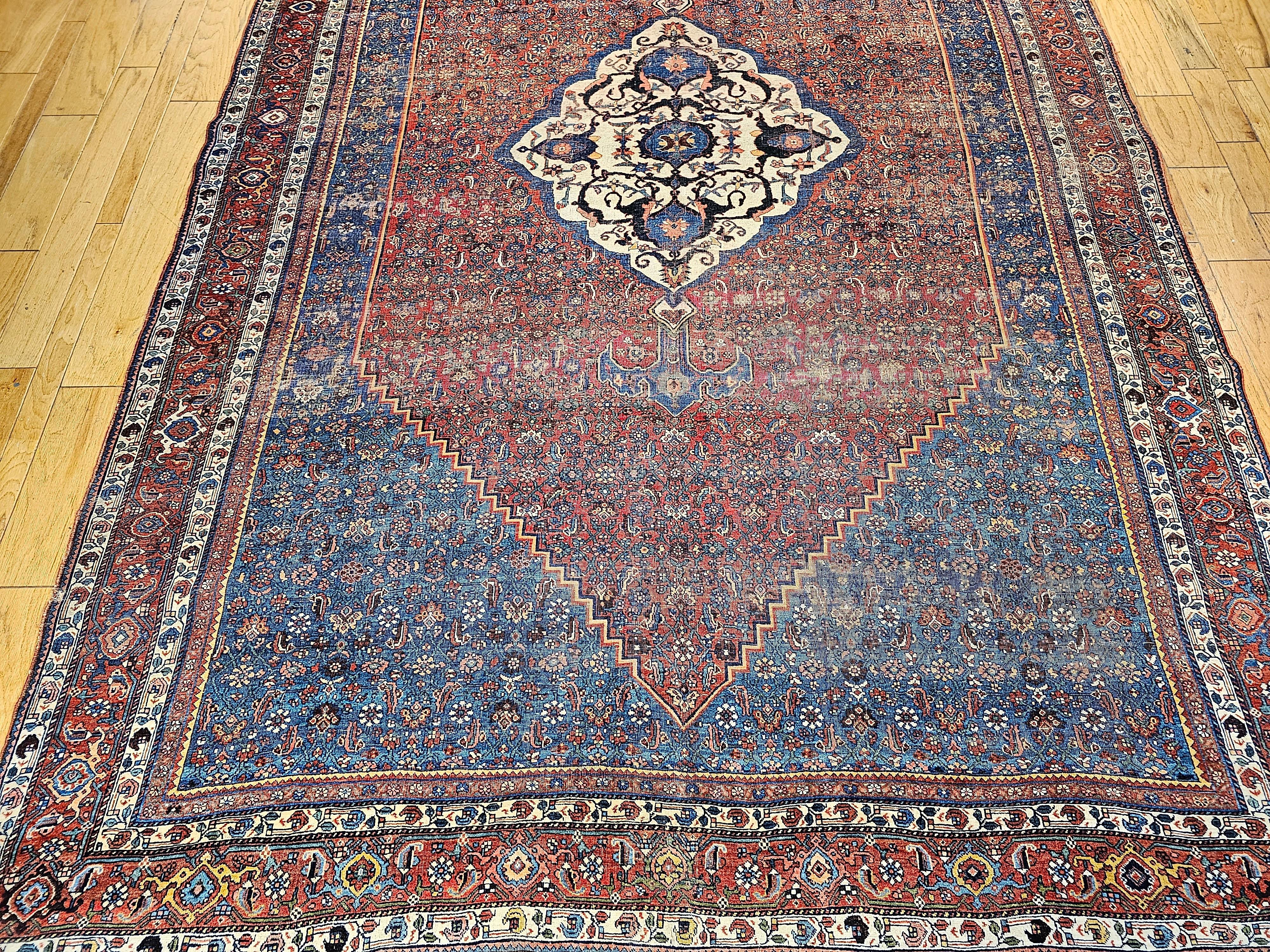 Hand-Knotted Vintage Persian Bidjar in a Herati Geometric Pattern in French Blue, Red, Ivory For Sale