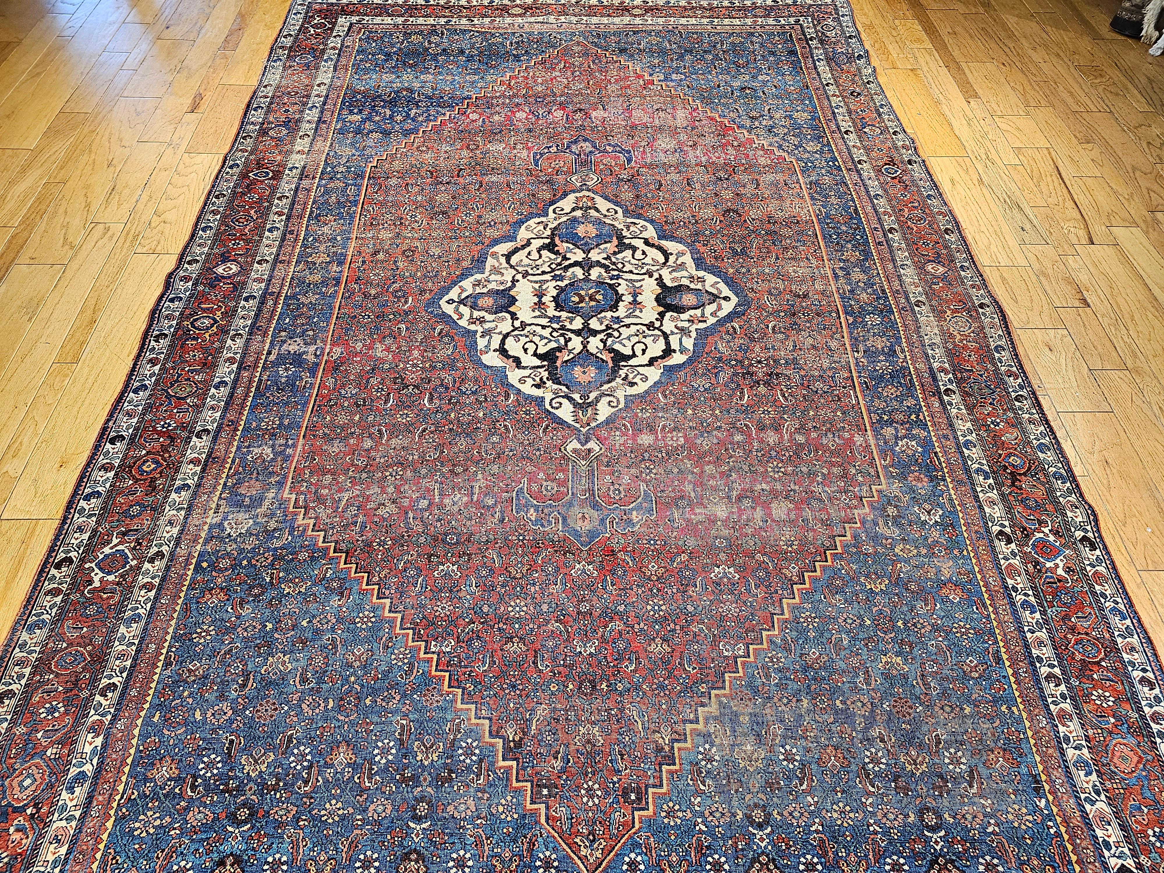 Vintage Persian Bidjar in a Herati Geometric Pattern in French Blue, Red, Ivory In Good Condition For Sale In Barrington, IL