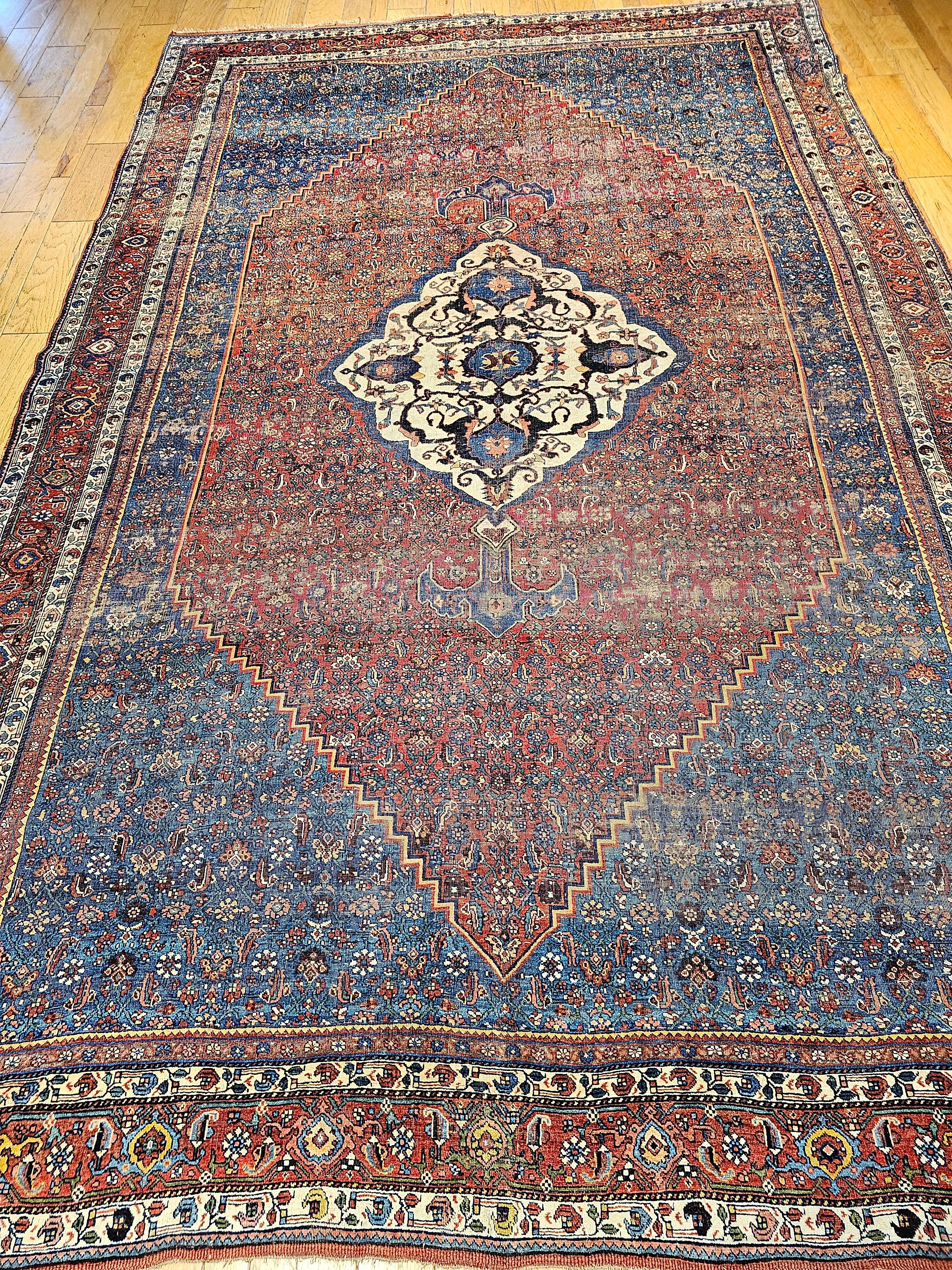 19th Century Vintage Persian Bidjar in a Herati Geometric Pattern in French Blue, Red, Ivory For Sale