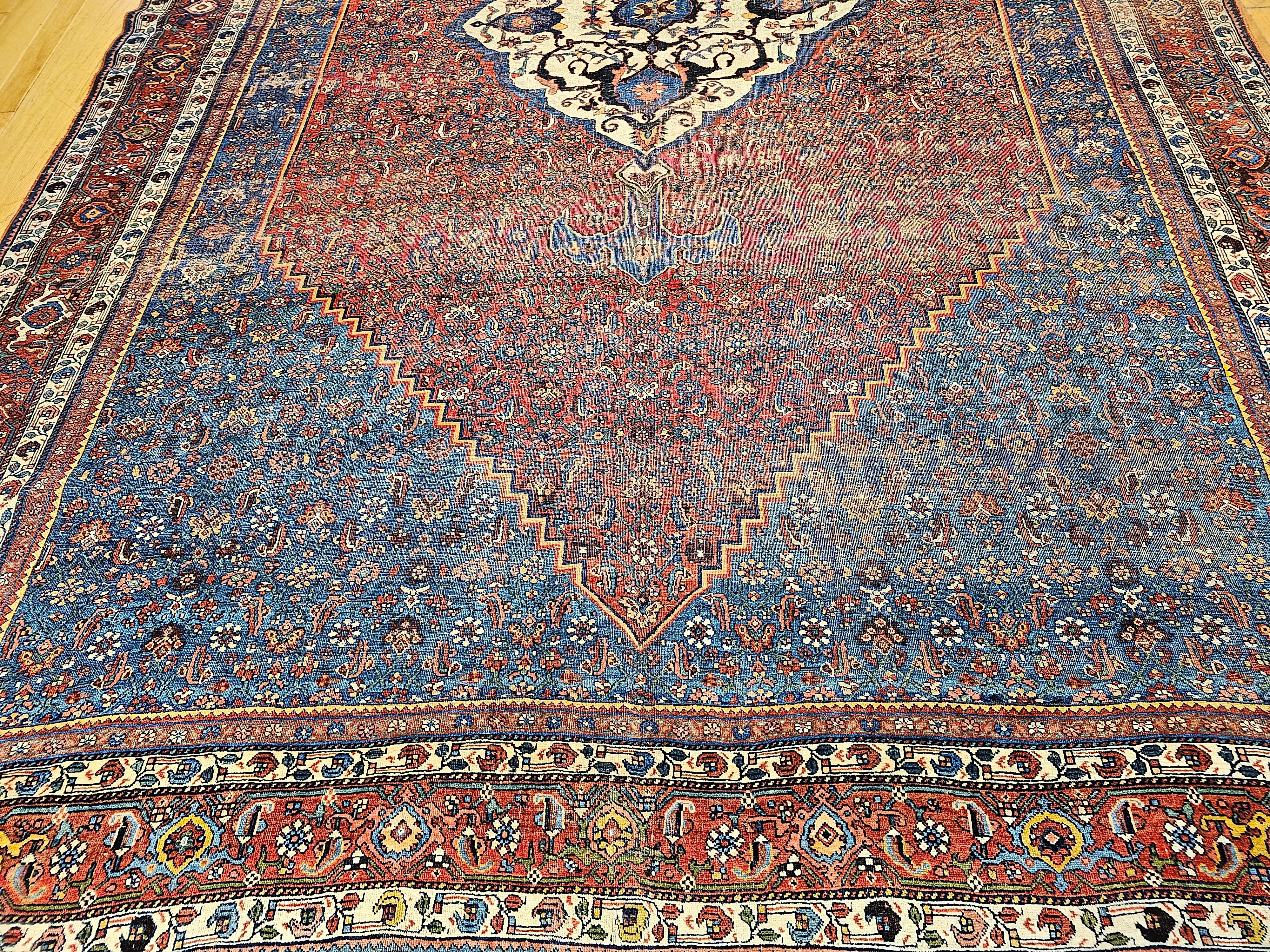 Wool Vintage Persian Bidjar in a Herati Geometric Pattern in French Blue, Red, Ivory For Sale