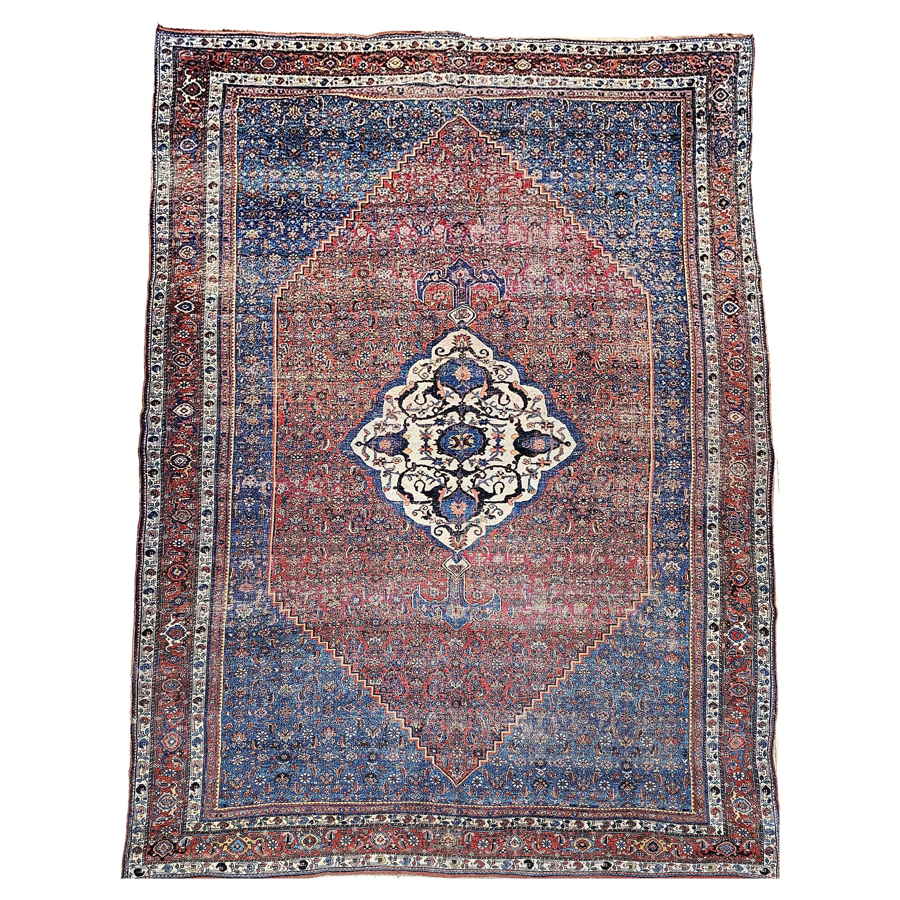 Vintage Persian Bidjar in a Herati Geometric Pattern in French Blue, Red, Ivory