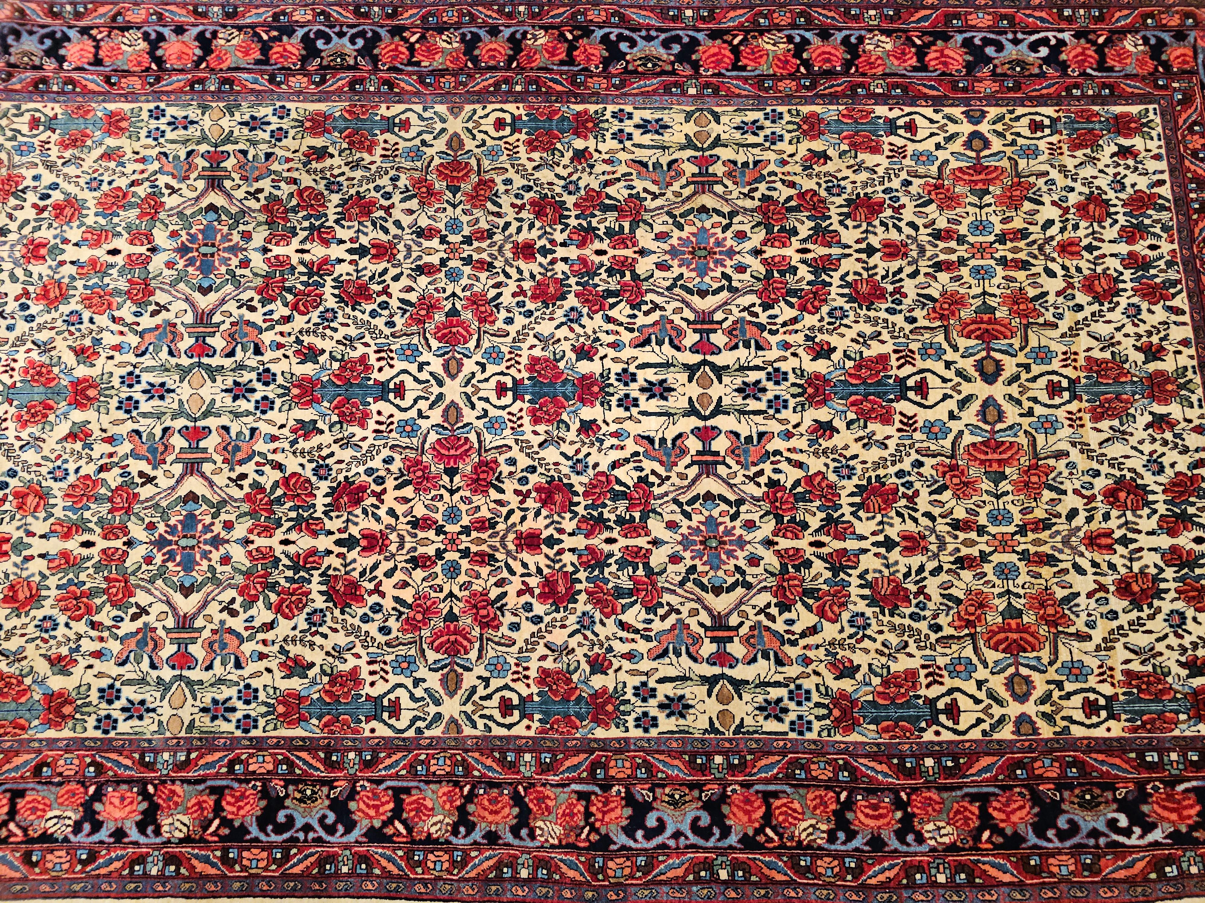 Vintage Persian Bidjar in Allover Floral Pattern in Pale Yellow, Navy, Red For Sale 4
