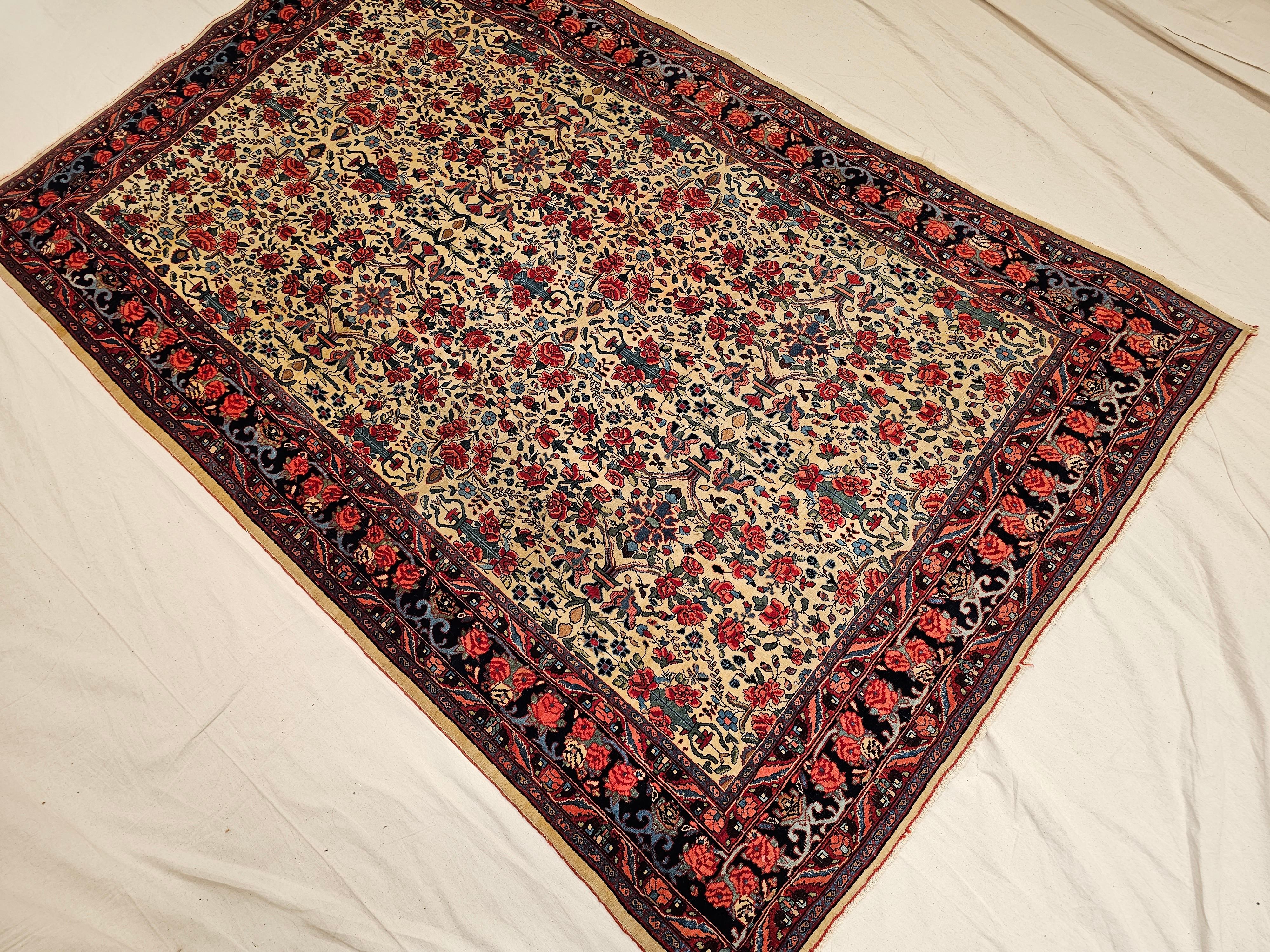 Vintage Persian Bidjar in Allover Floral Pattern in Pale Yellow, Navy, Red For Sale 5
