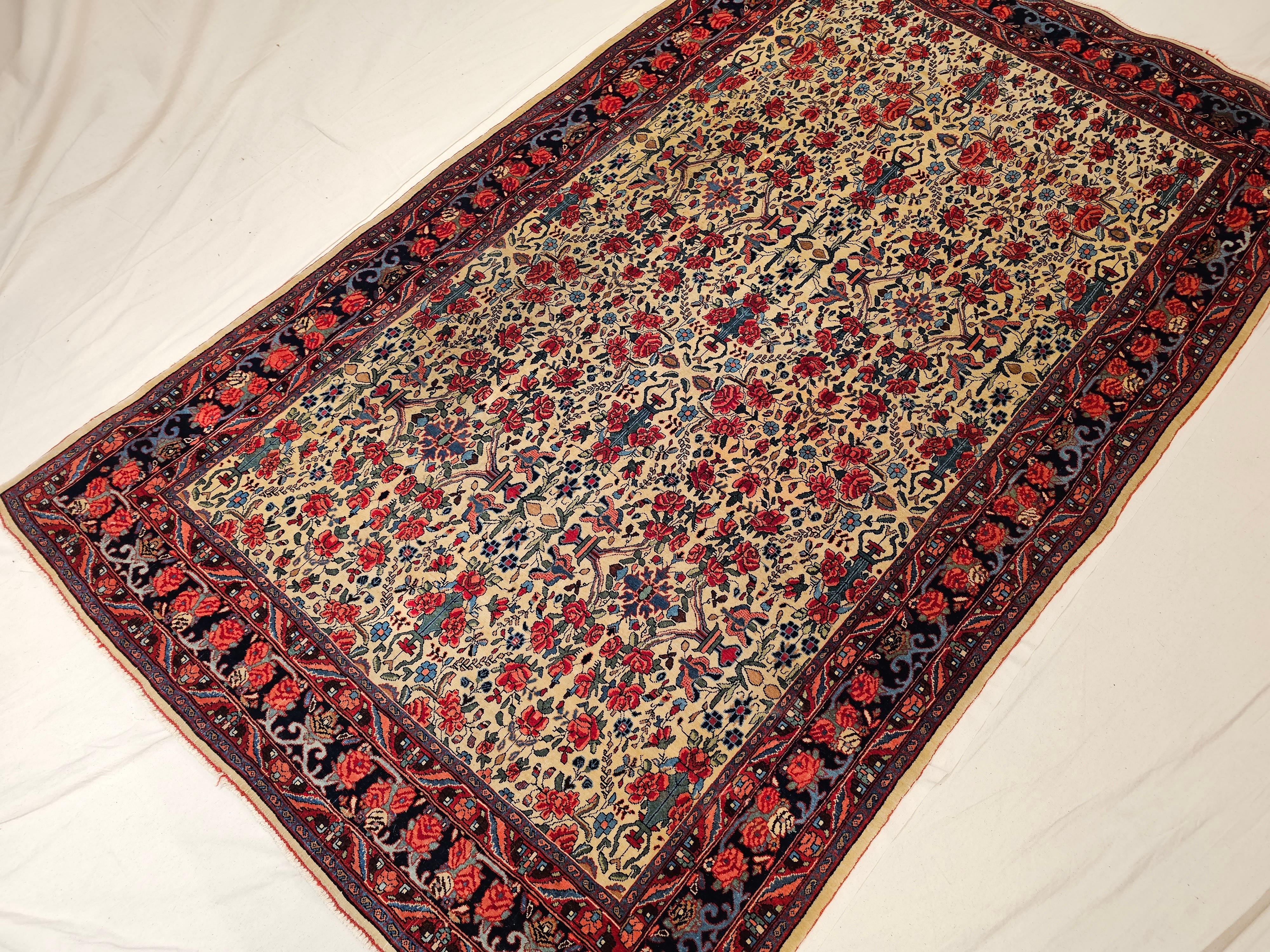 Vintage Persian Bidjar in Allover Floral Pattern in Pale Yellow, Navy, Red For Sale 6