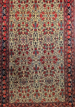 Vintage Persian Bidjar Area Rug in Allover Floral Pattern in Pale Yellow, Red