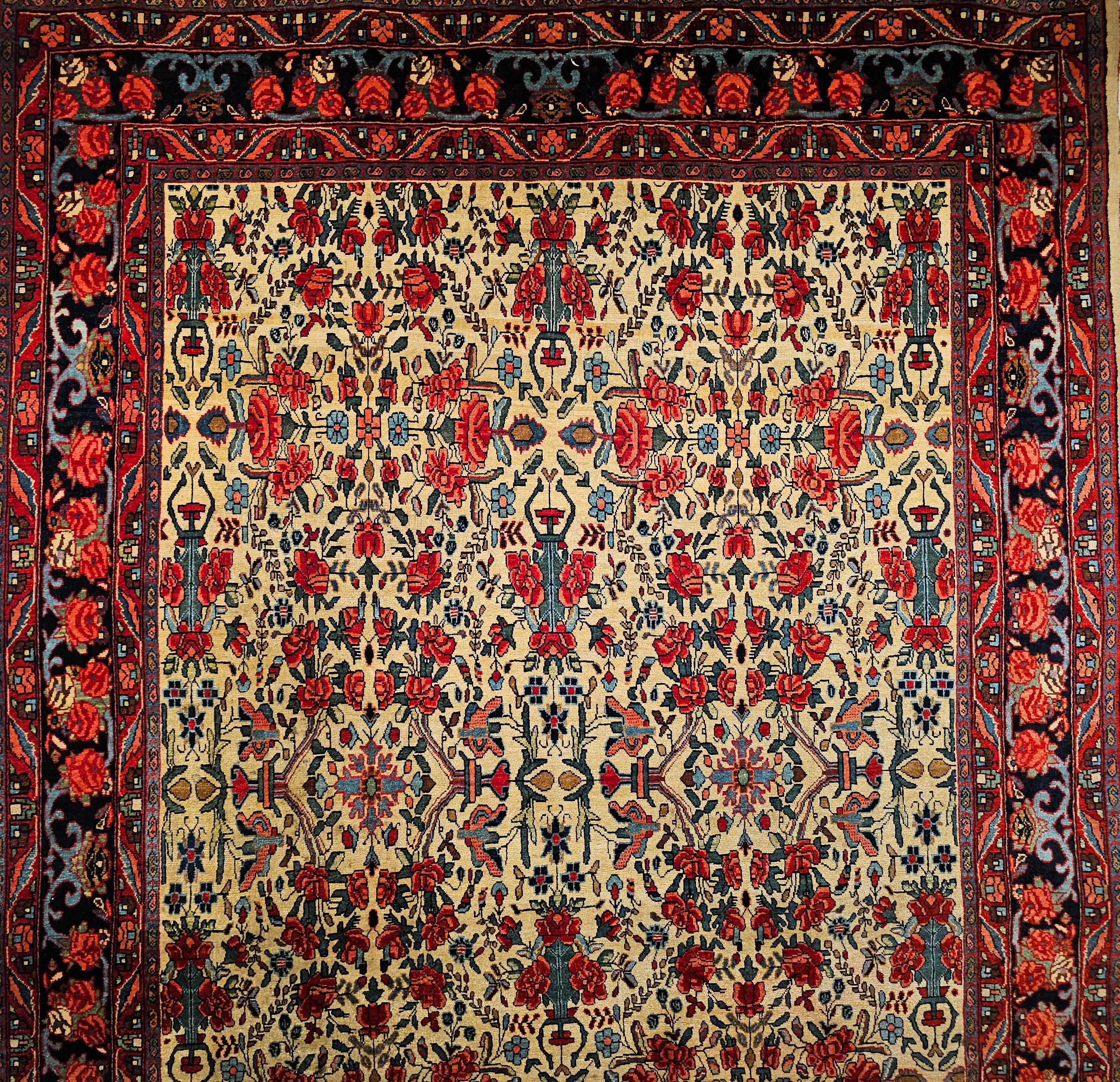 Hand-Woven Vintage Persian Bidjar in Allover Floral Pattern in Pale Yellow, Navy, Red For Sale