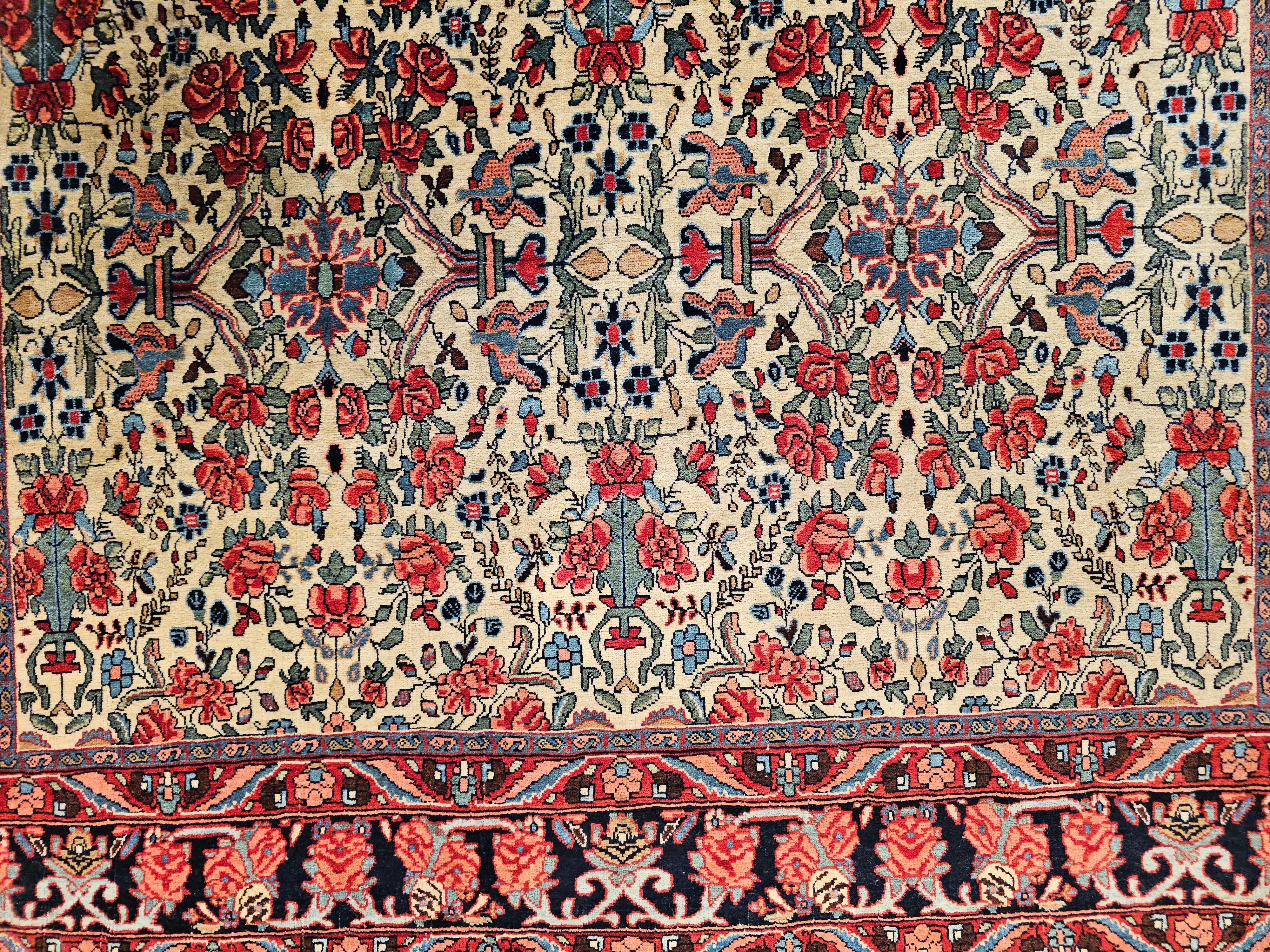 Vintage Persian Bidjar in Allover Floral Pattern in Pale Yellow, Navy, Red In Good Condition For Sale In Barrington, IL