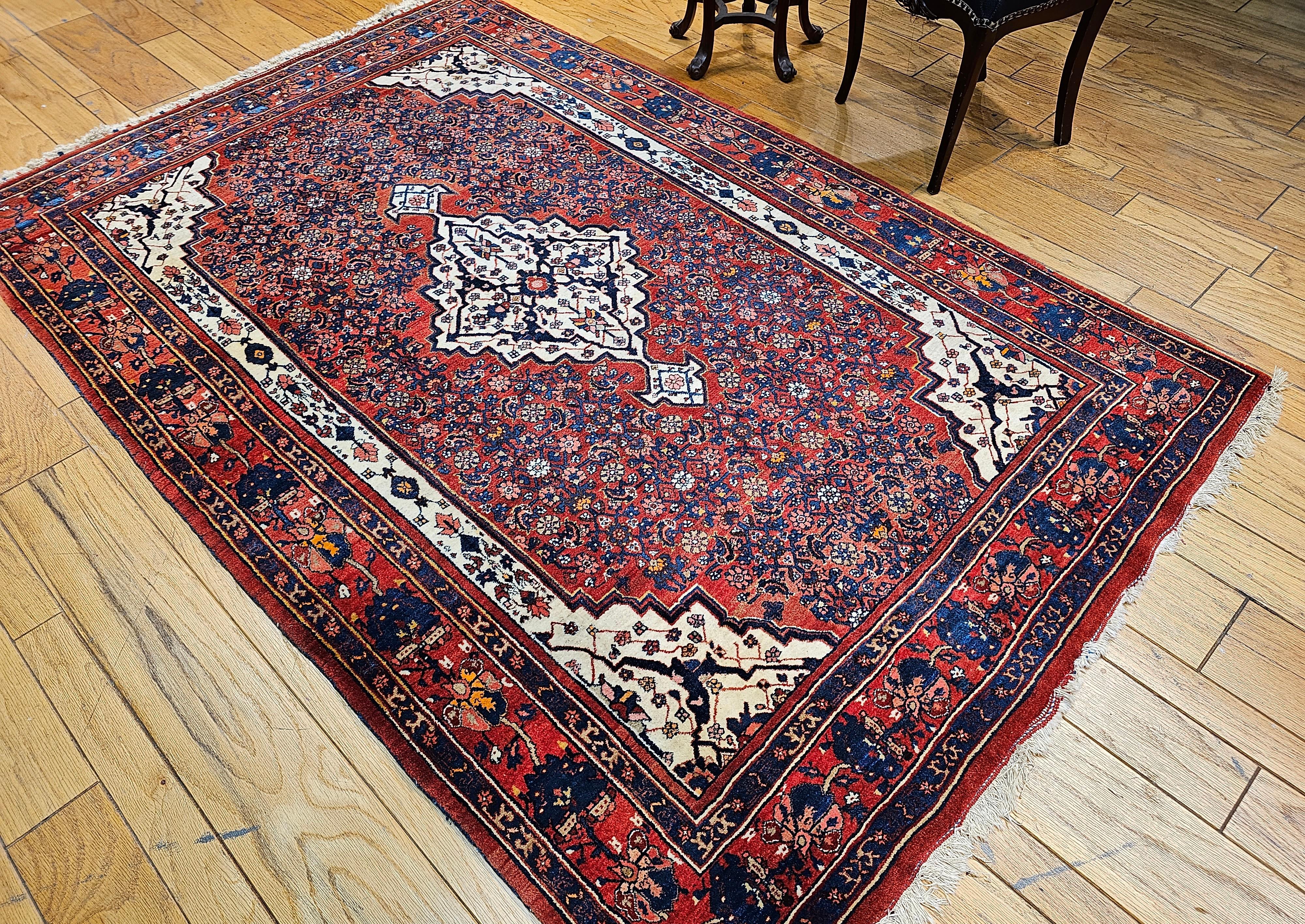 Vintage Persian Bidjar in Herati Pattern in Red, White, French Blue, Pink, Green For Sale 4