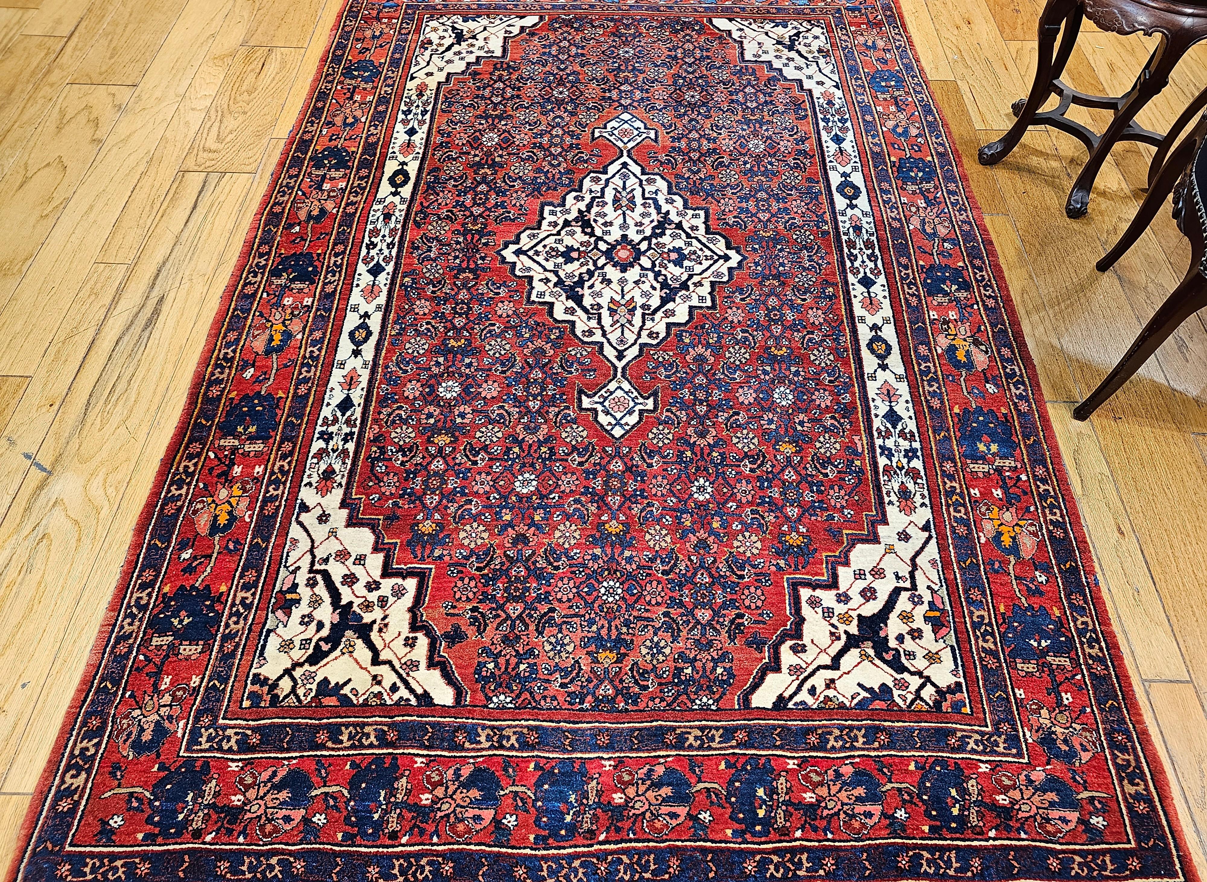 Vintage Persian Bidjar in Herati Pattern in Red, White, French Blue, Pink, Green For Sale 5