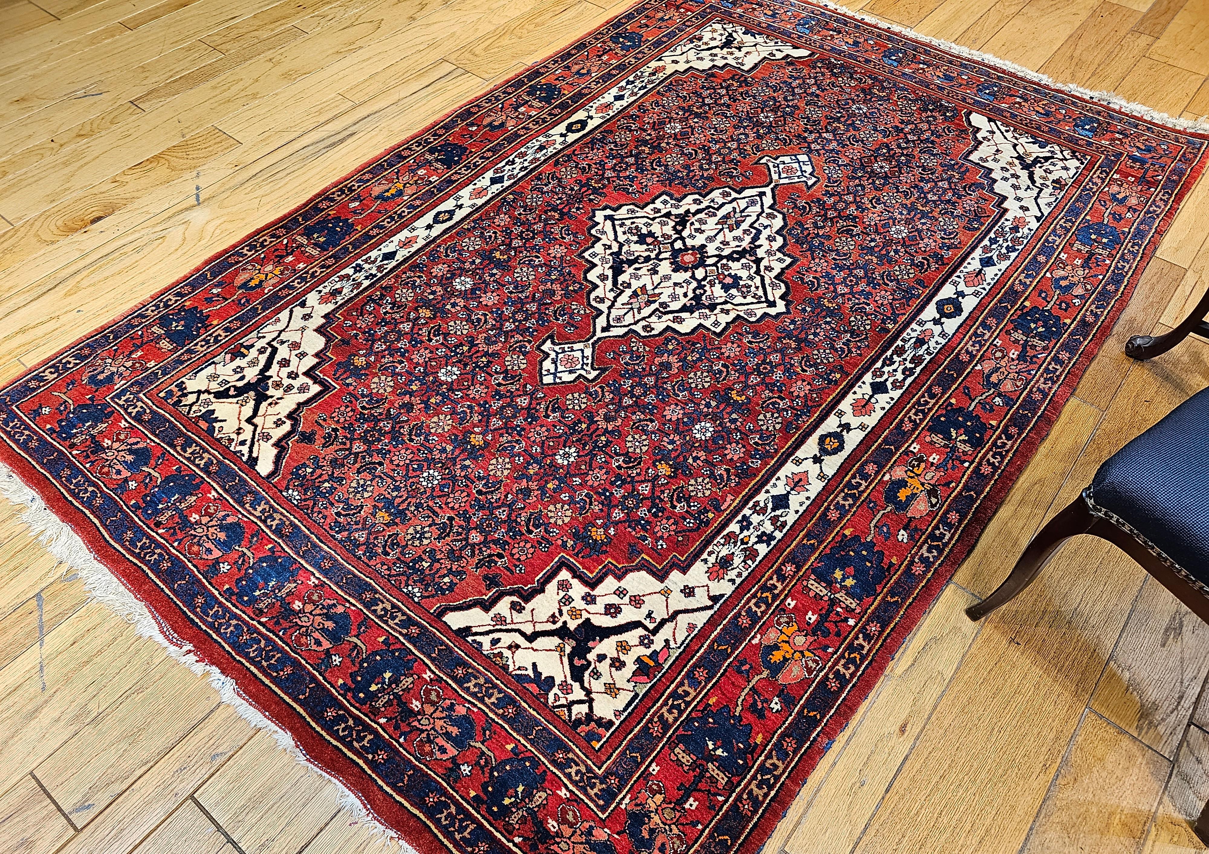 Vintage Persian Bidjar in Herati Pattern in Red, White, French Blue, Pink, Green For Sale 6