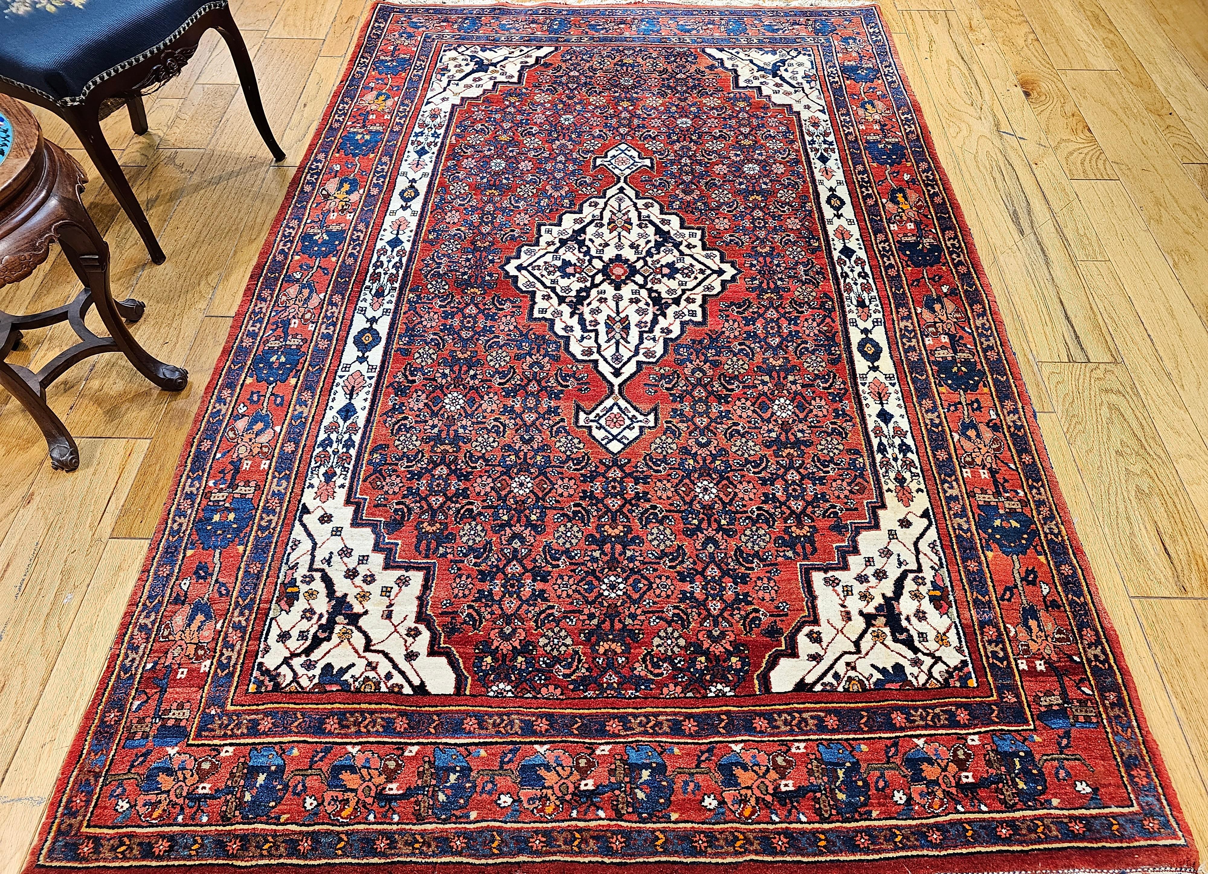 Vintage Persian Bidjar in Herati Pattern in Red, White, French Blue, Pink, Green For Sale 8