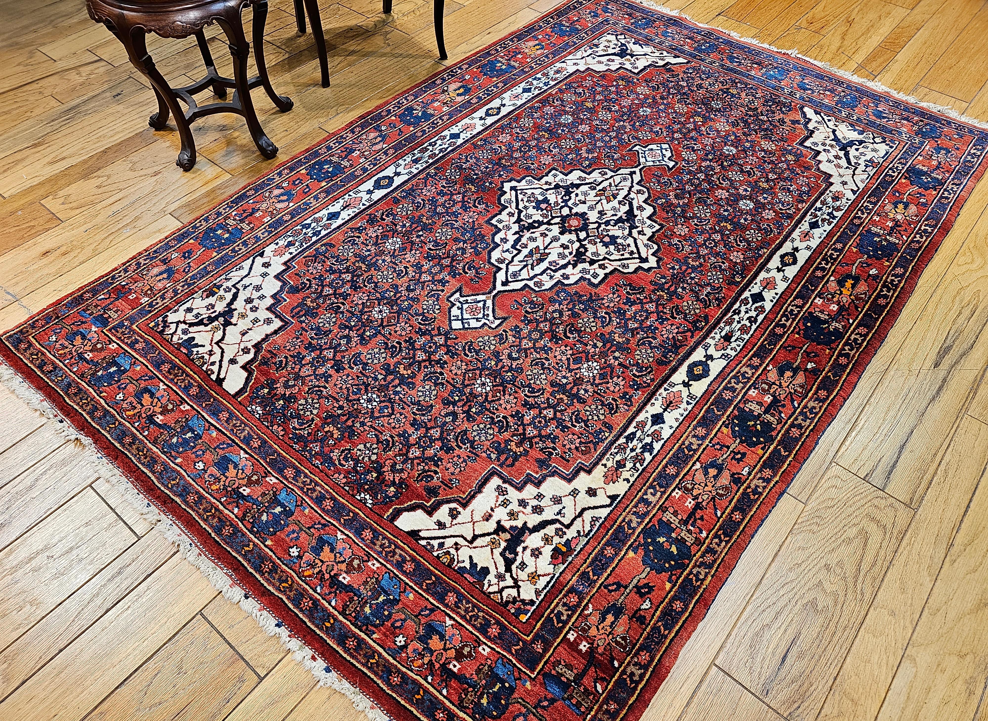Vintage Persian Bidjar in Herati Pattern in Red, White, French Blue, Pink, Green For Sale 9