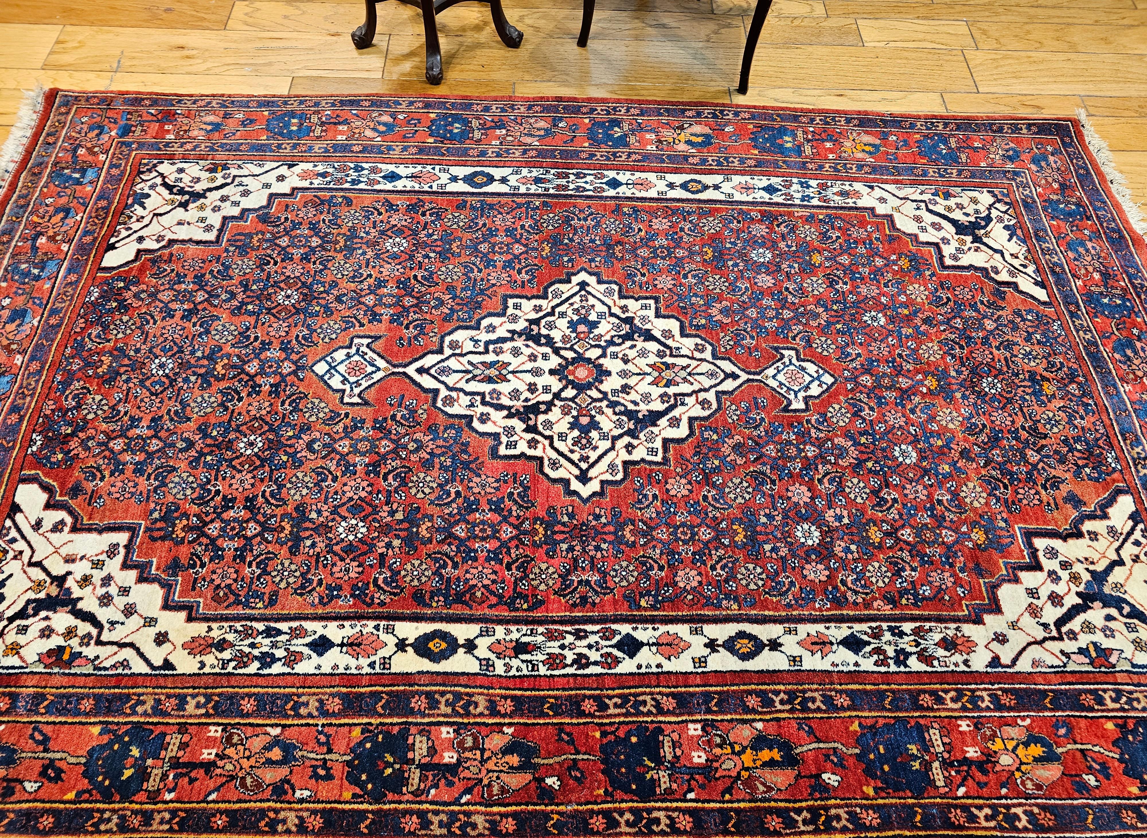 Vintage Persian Bidjar in Herati Pattern in Red, White, French Blue, Pink, Green For Sale 10