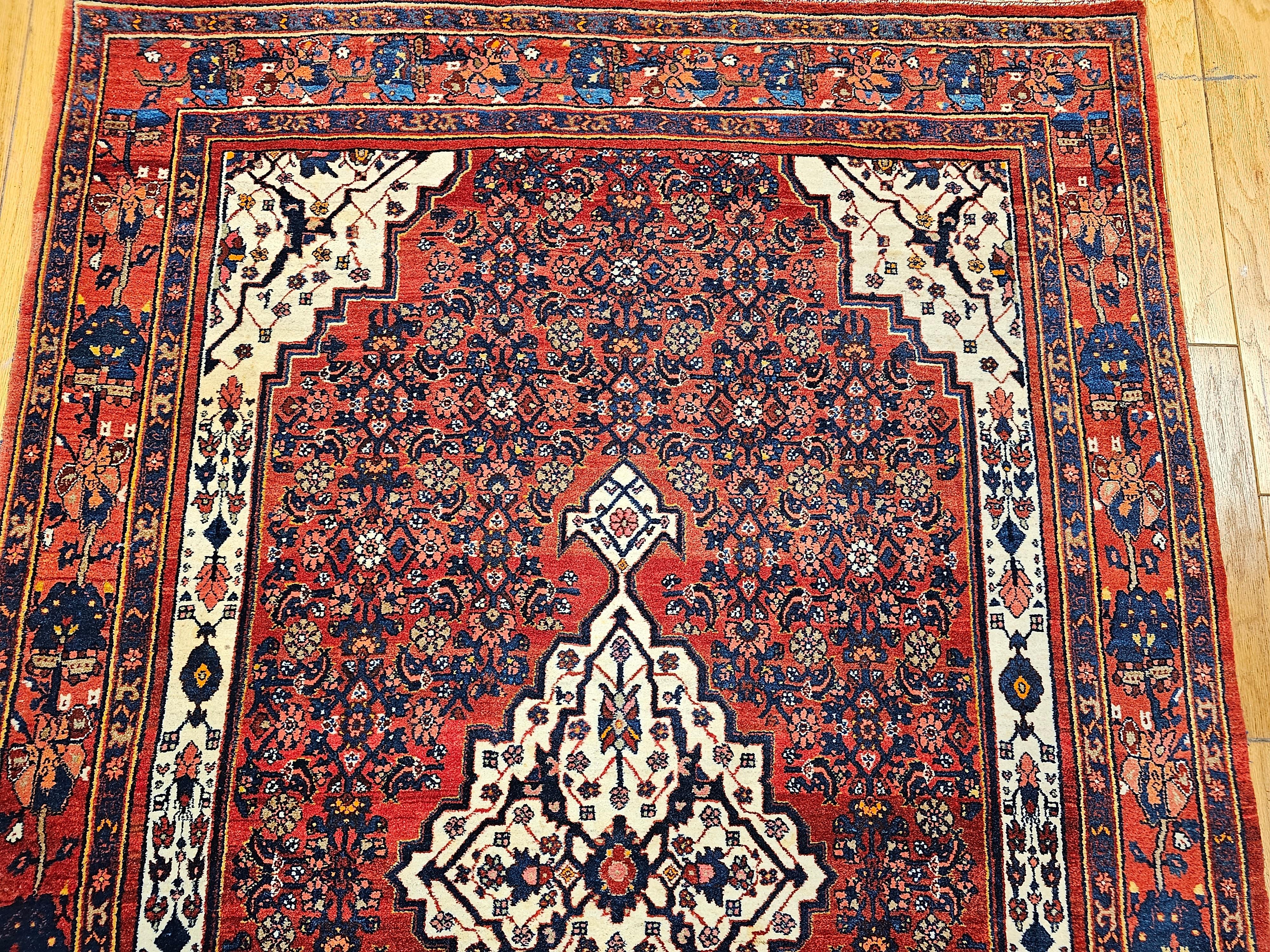 Hand-Knotted Vintage Persian Bidjar in Herati Pattern in Red, White, French Blue, Pink, Green For Sale