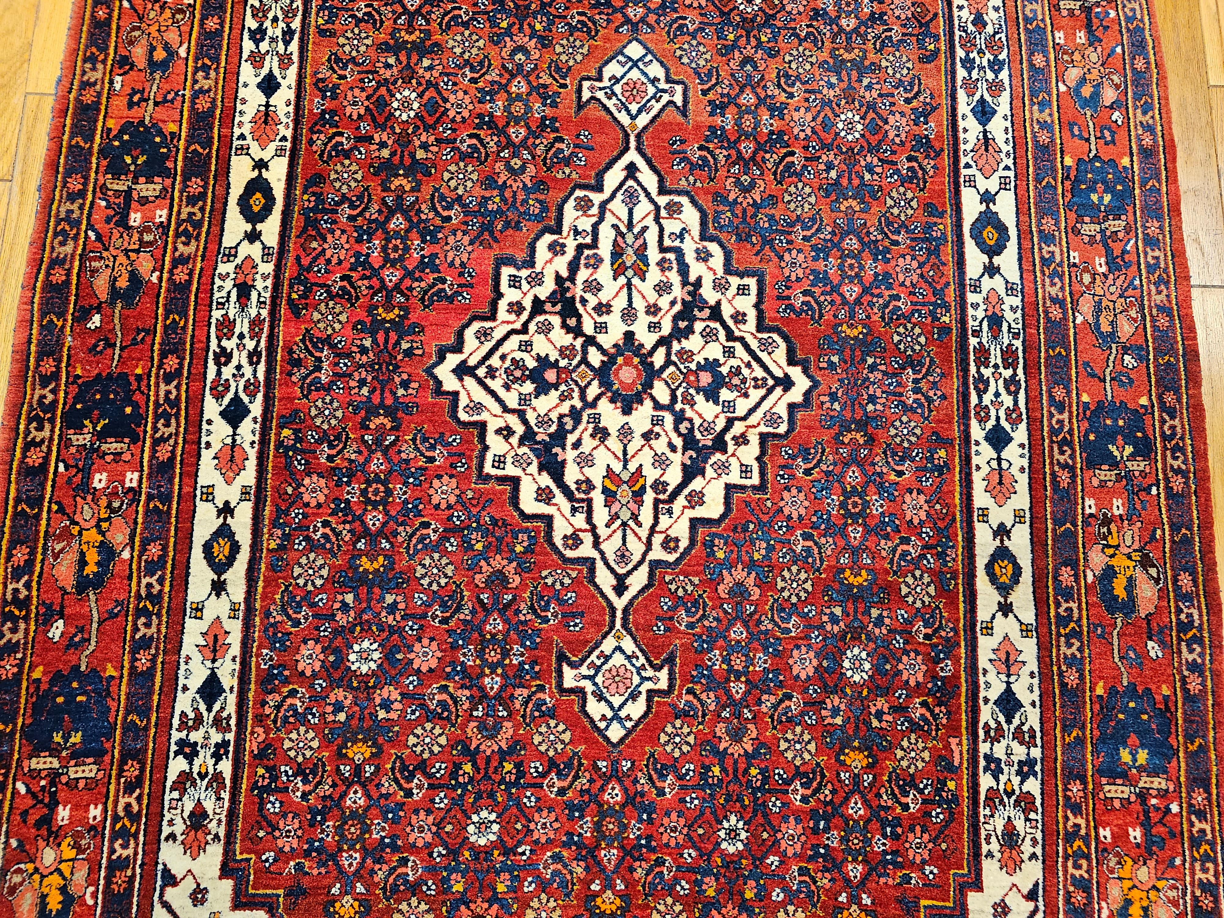 Vintage Persian Bidjar in Herati Pattern in Red, White, French Blue, Pink, Green In Good Condition For Sale In Barrington, IL