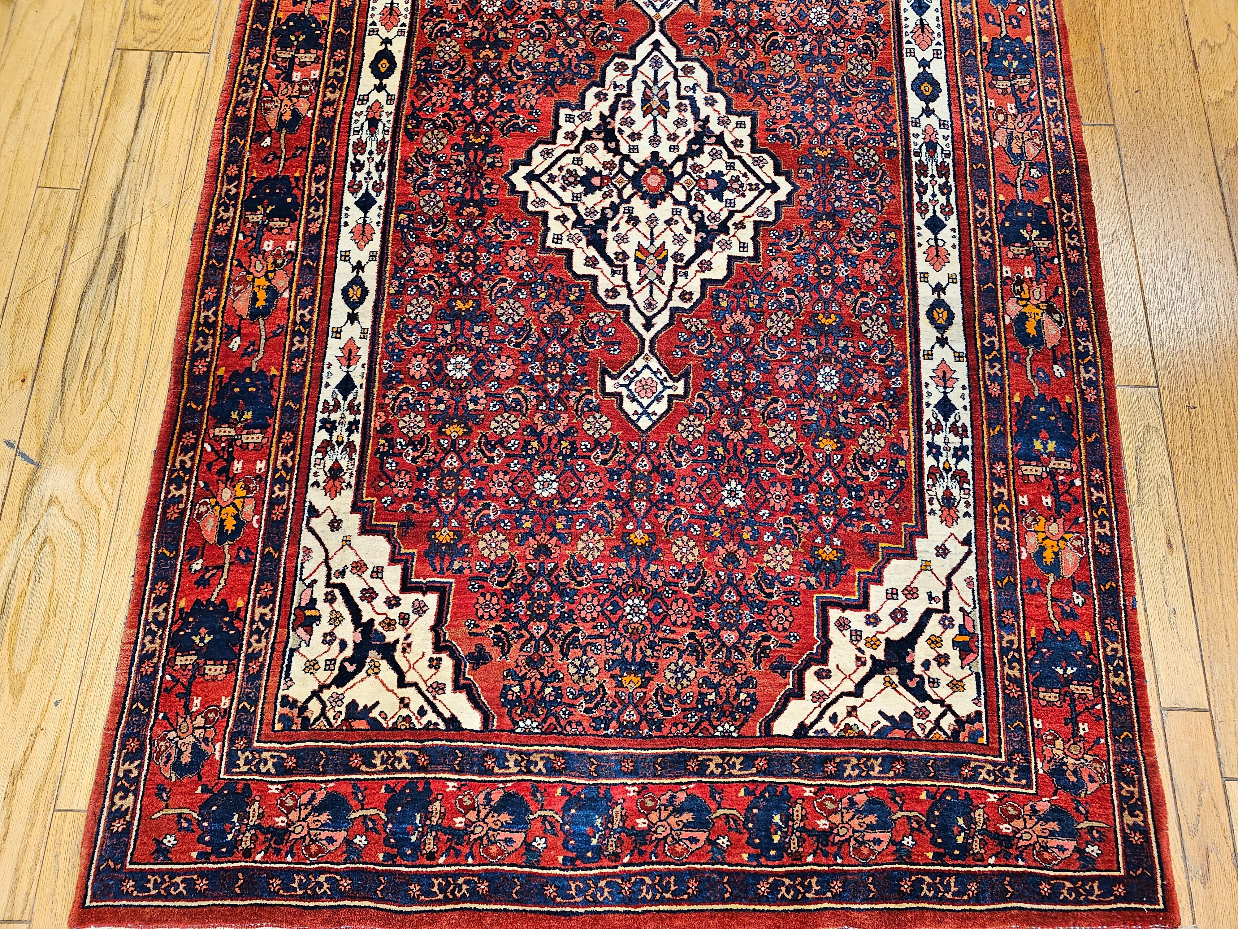 20th Century Vintage Persian Bidjar in Herati Pattern in Red, White, French Blue, Pink, Green For Sale
