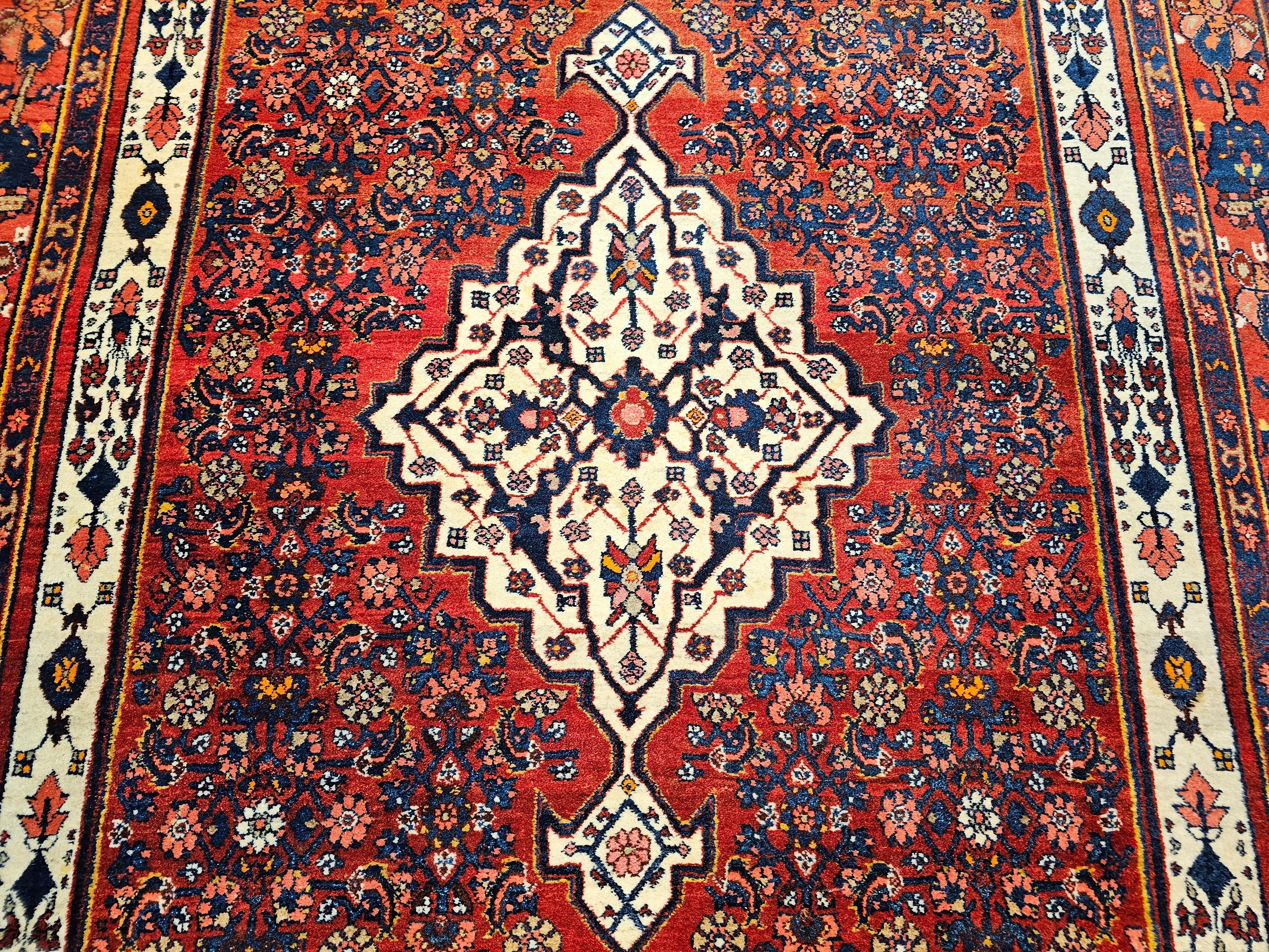 Wool Vintage Persian Bidjar in Herati Pattern in Red, White, French Blue, Pink, Green For Sale