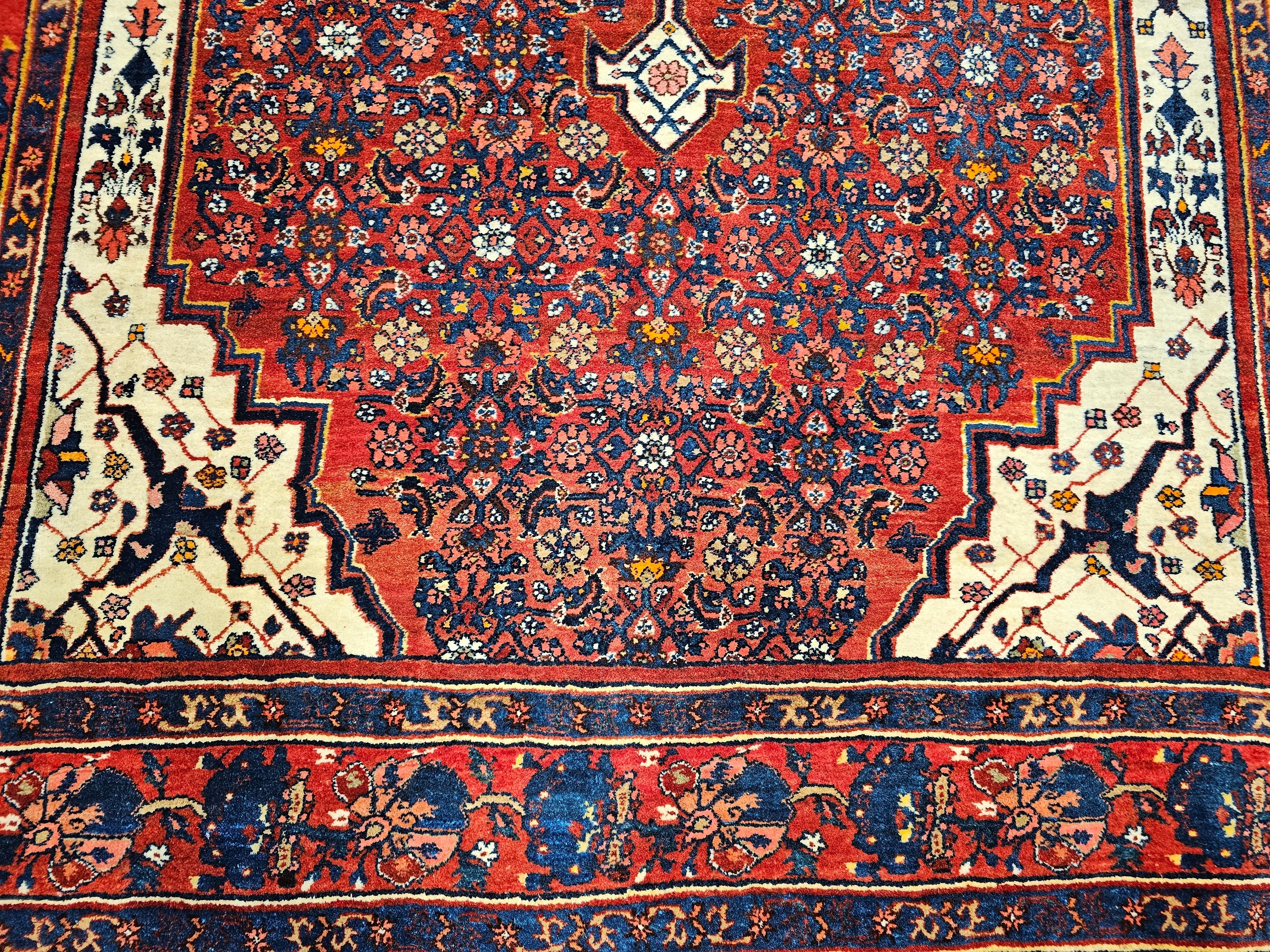 Vintage Persian Bidjar in Herati Pattern in Red, White, French Blue, Pink, Green For Sale 1