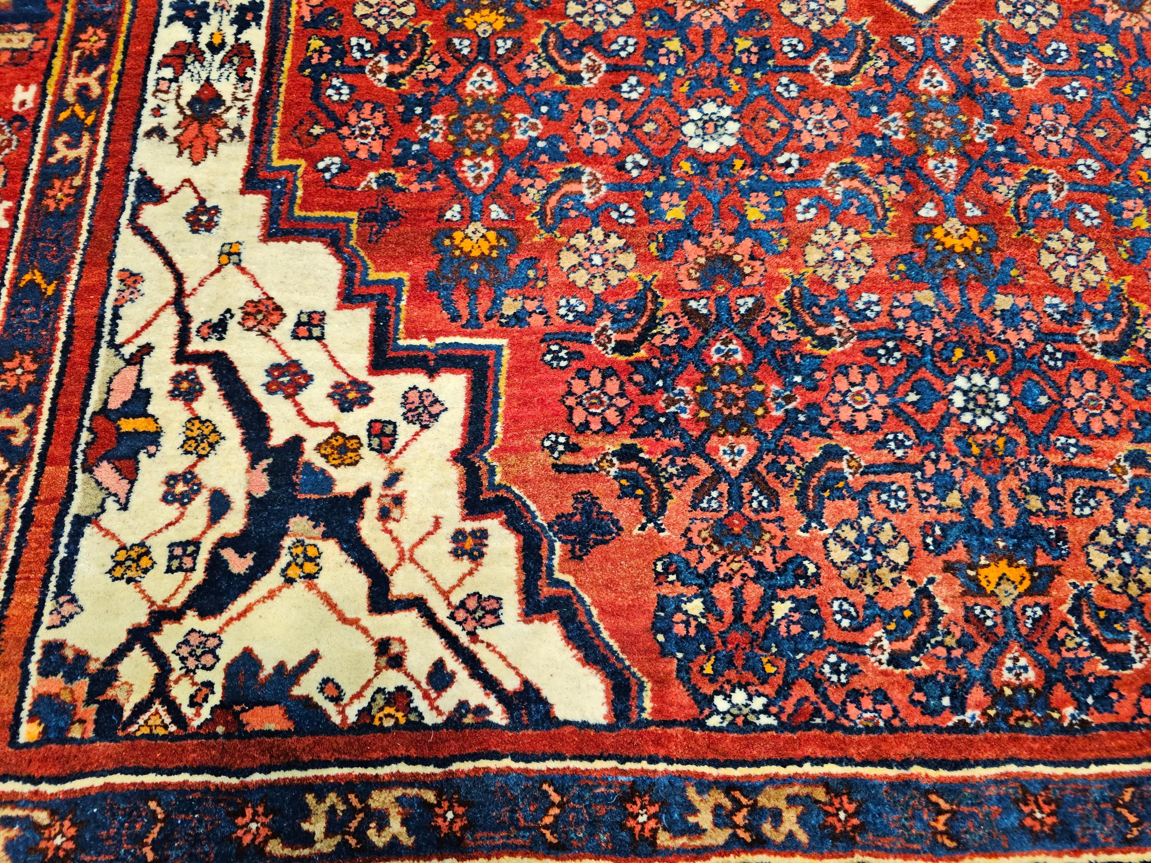 Vintage Persian Bidjar in Herati Pattern in Red, White, French Blue, Pink, Green For Sale 2