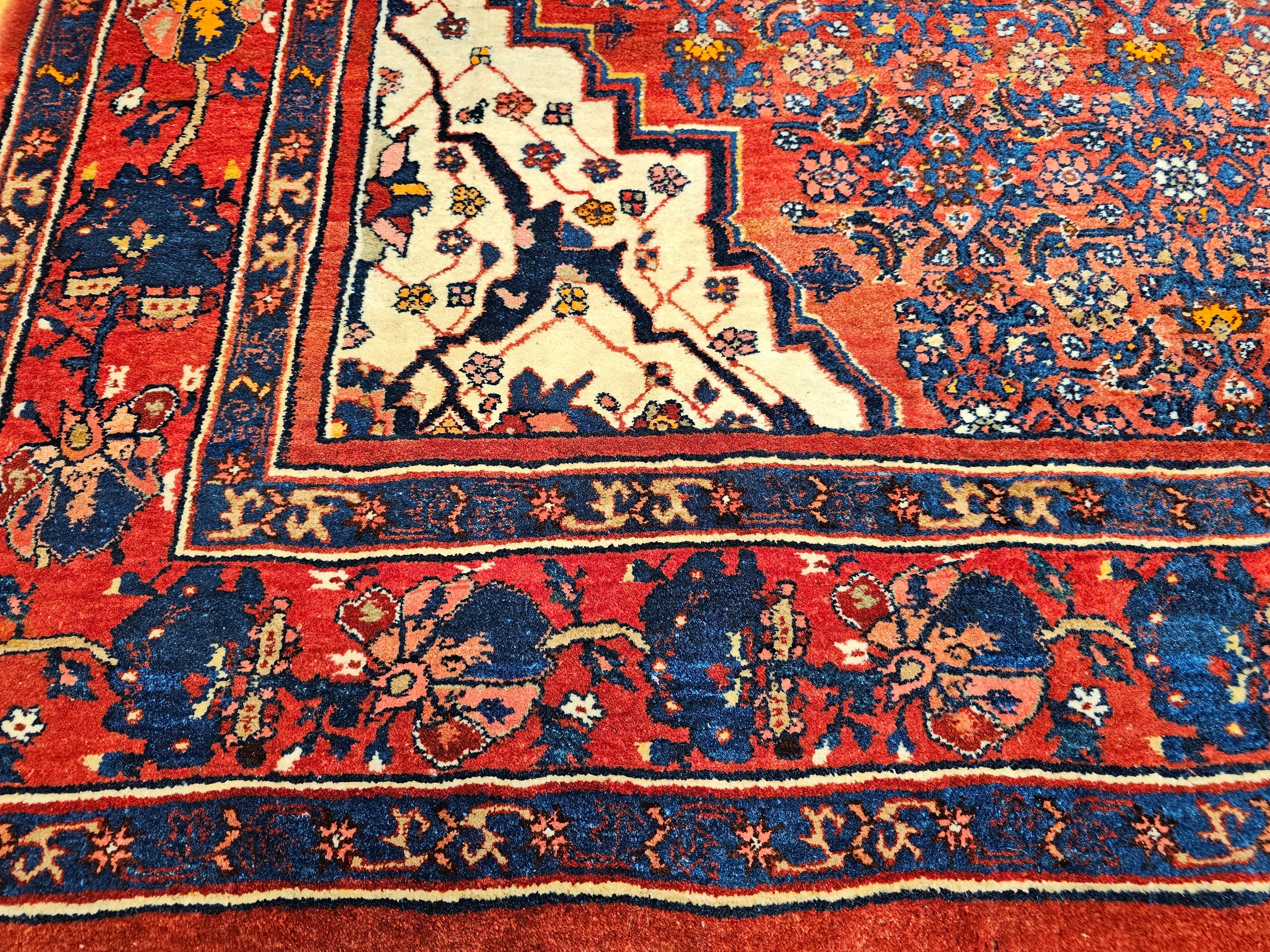 Vintage Persian Bidjar in Herati Pattern in Red, White, French Blue, Pink, Green For Sale 3