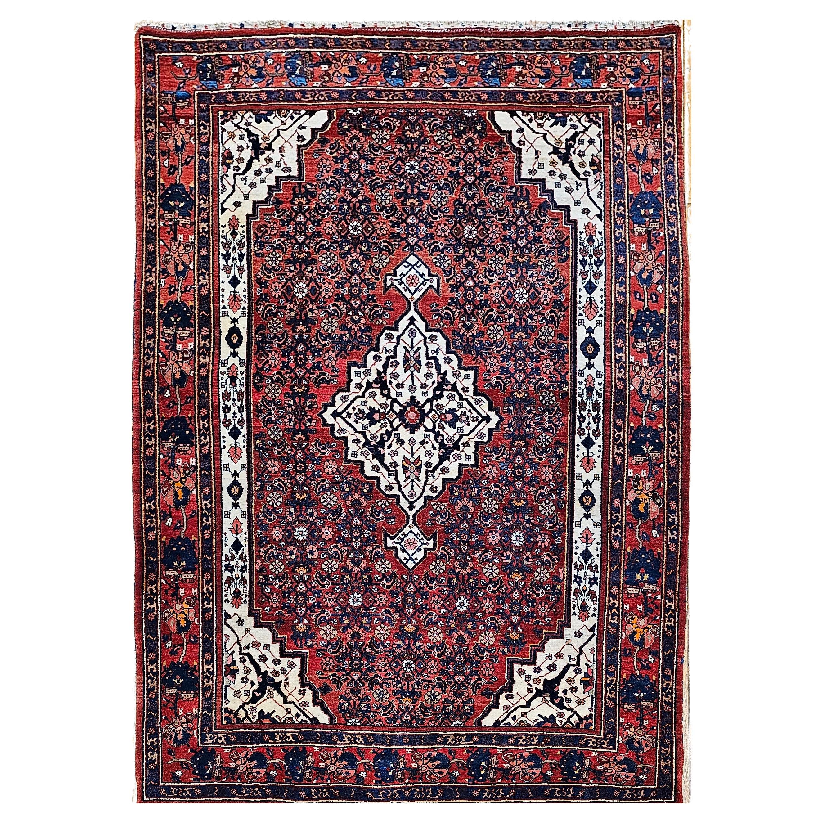 Vintage Persian Bidjar in Herati Pattern in Red, White, French Blue, Pink, Green For Sale