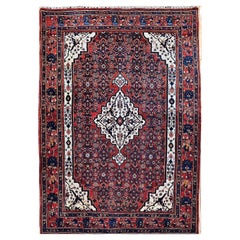 Bidjar persan vintage à motif Herati en rouge, blanc, bleu français, rose, vert