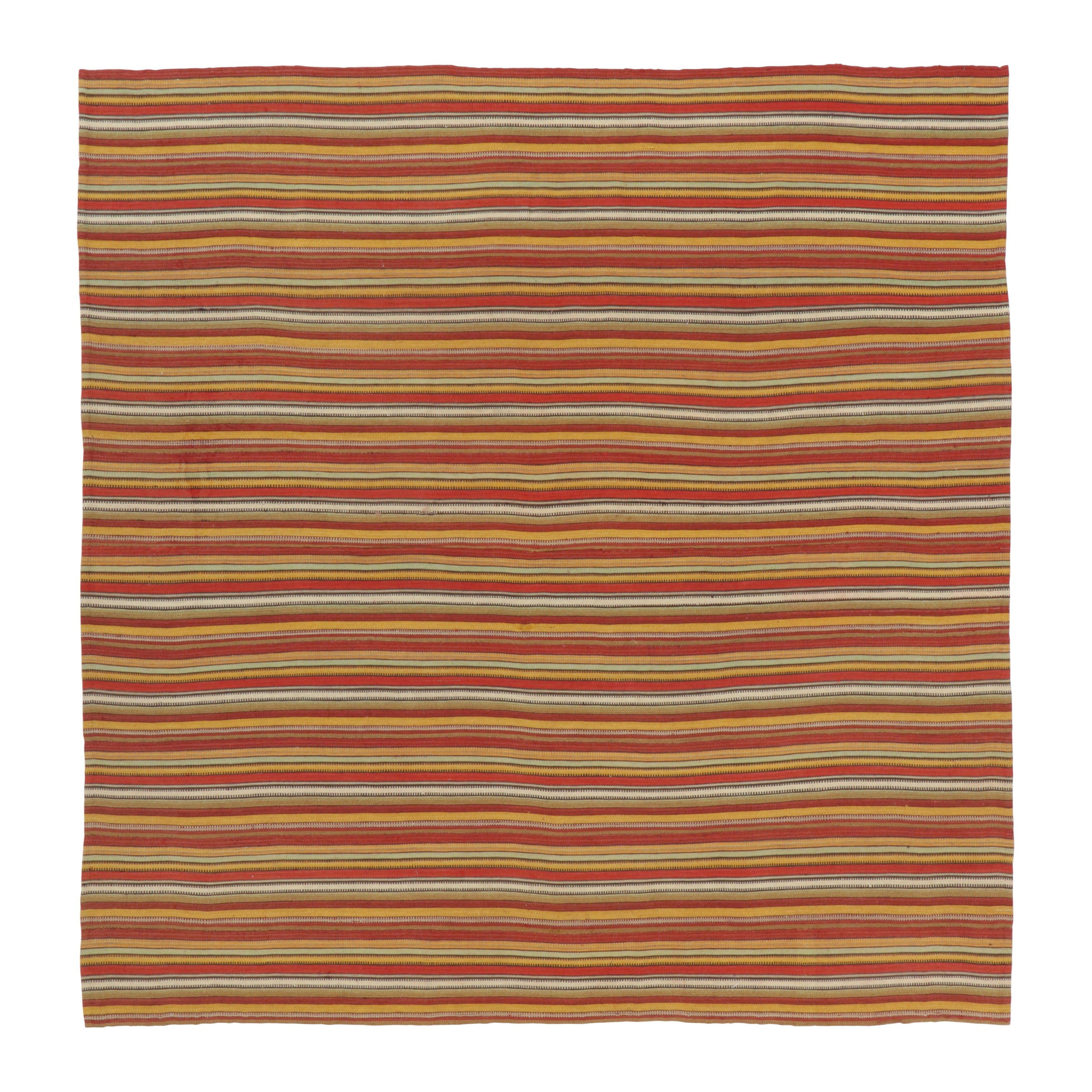 Vintage Persian Bidjar Kilim, Bold Stripe Flatweave in Red and Ochre Rug 
Kilim