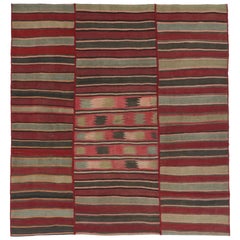 Antique Persian Bidjar Kilim, Jajim Panel Square in Red and Olive Rug & Kilim