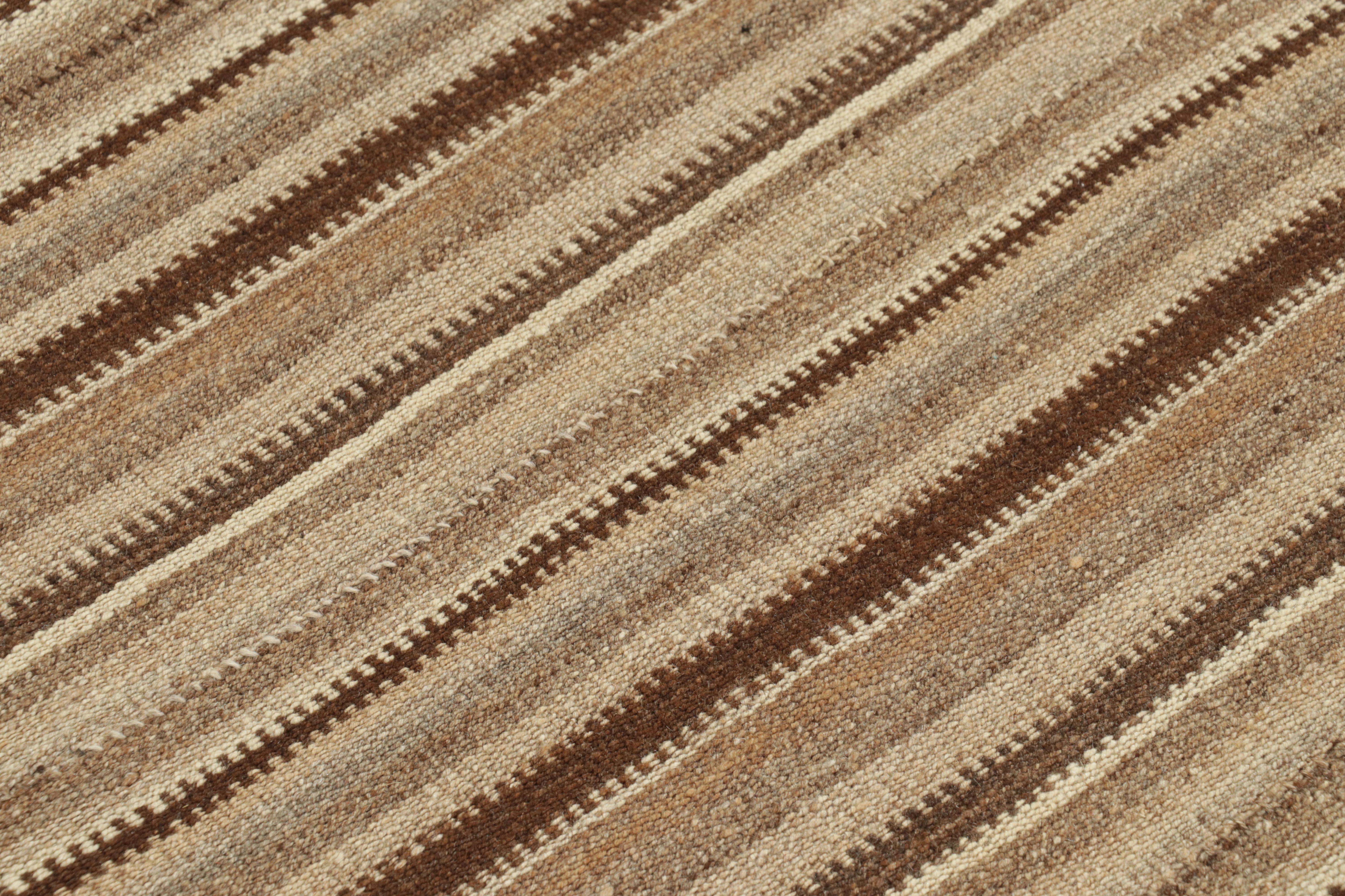 Tribal Vintage Persian Bidjar Kilim, Tonal Stripe Square in Ivory & Walnut Rug & Kilim For Sale