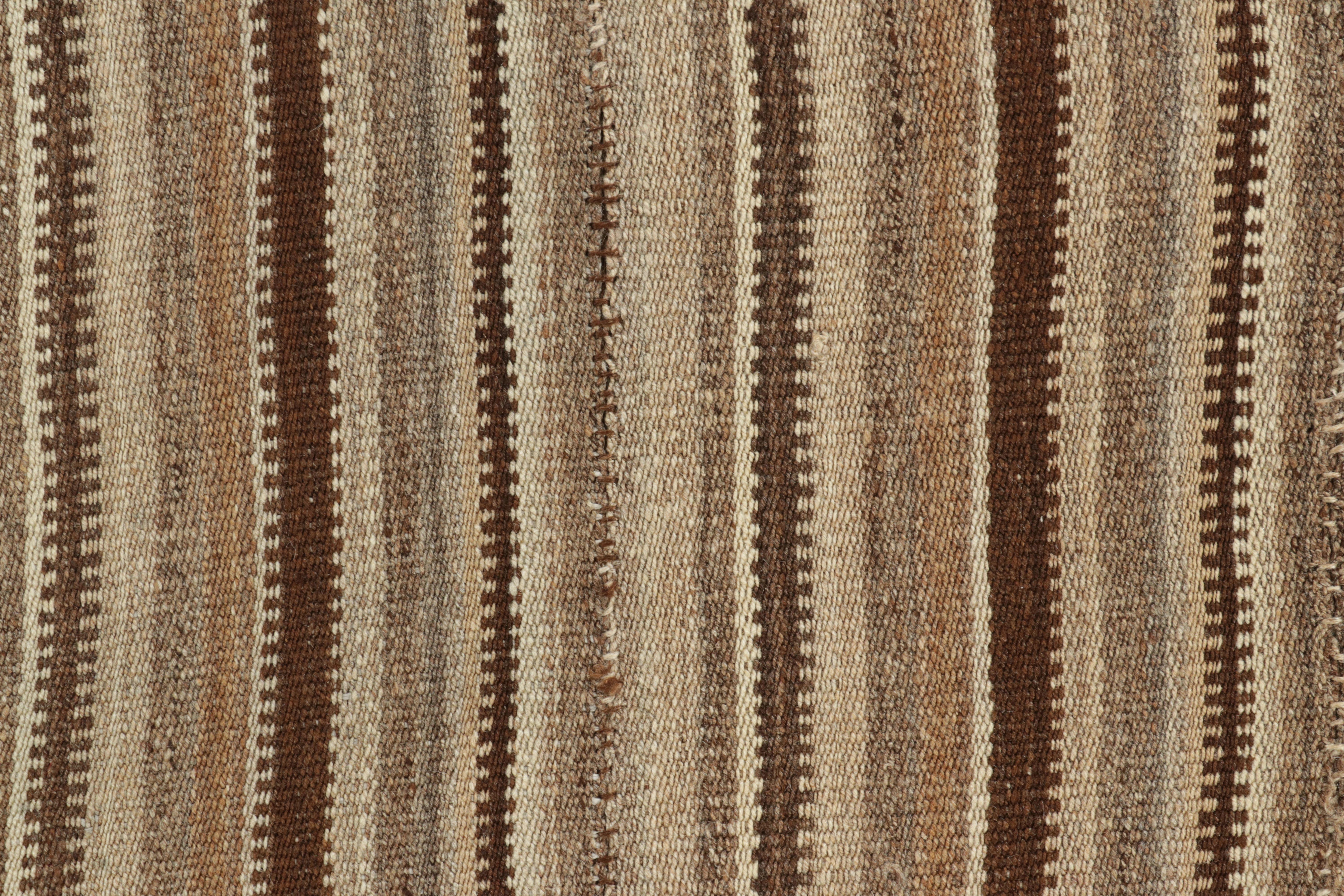 Hand-Woven Vintage Persian Bidjar Kilim, Tonal Stripe Square in Ivory & Walnut Rug & Kilim For Sale