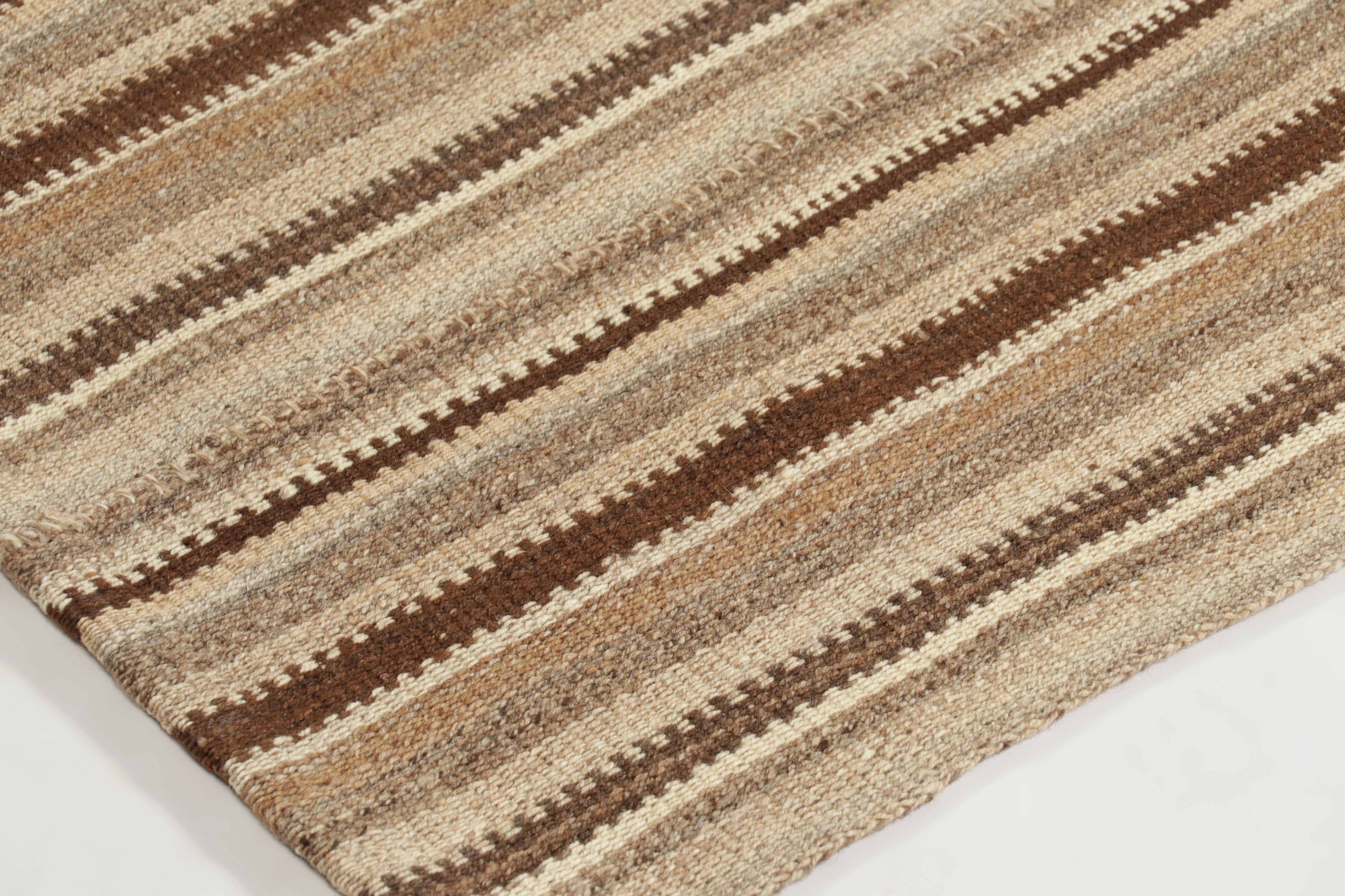 Vintage Persian Bidjar Kilim, Tonal Stripe Square in Ivory & Walnut Rug & Kilim In Good Condition For Sale In Long Island City, NY