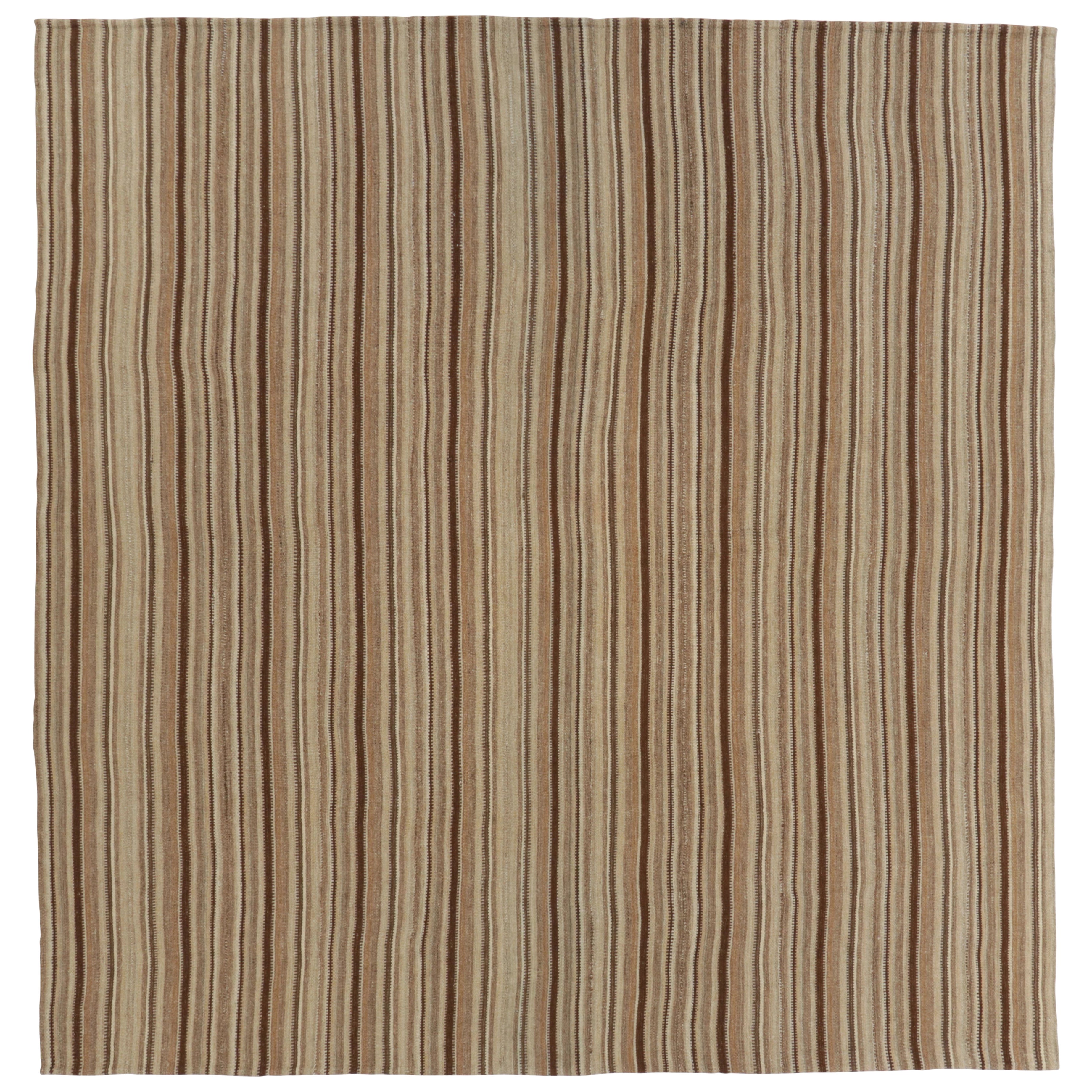 Vintage Persian Bidjar Kilim, Tonal Stripe Square in Ivory & Walnut Rug & Kilim