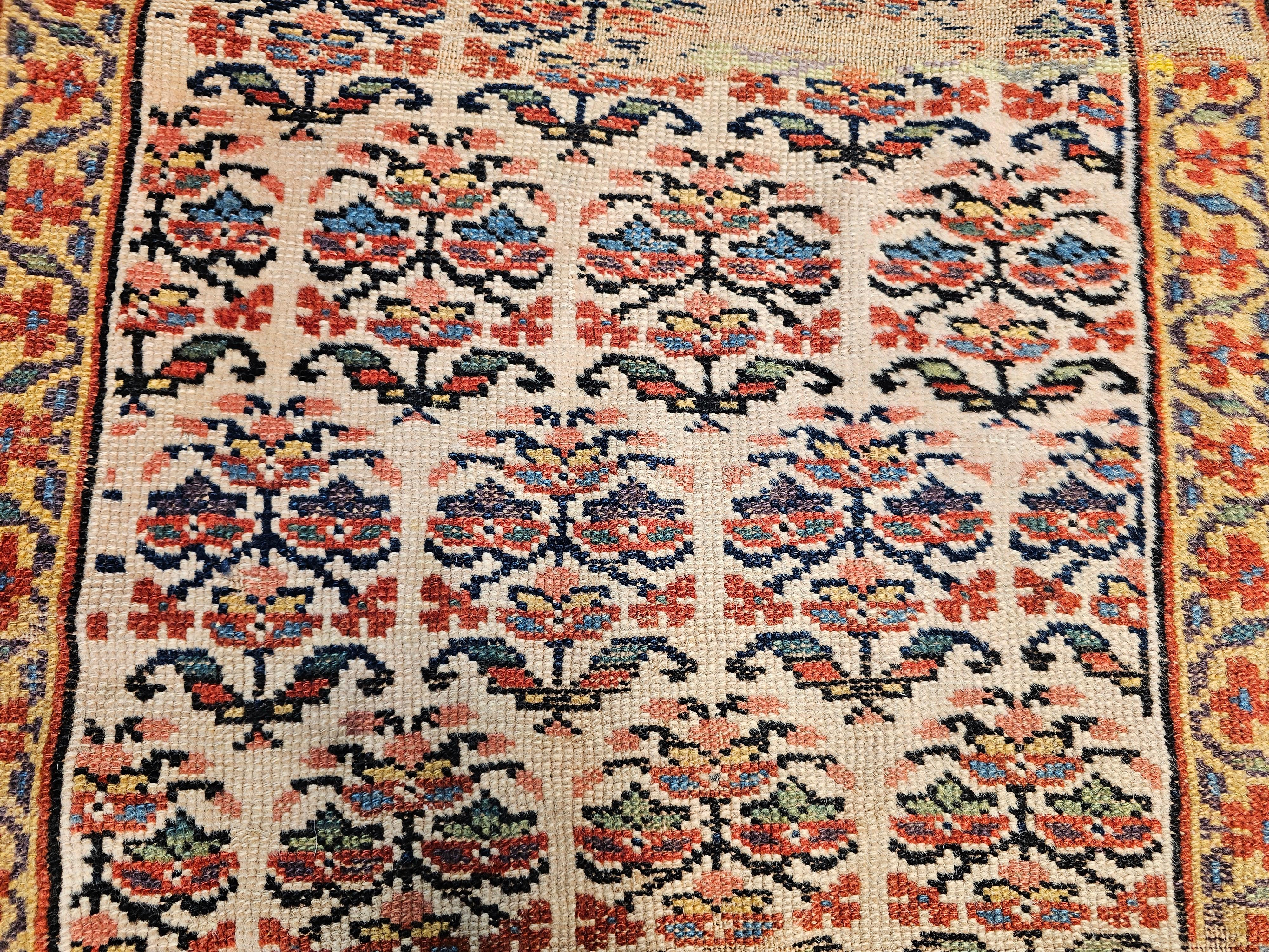 Wool Vintage Persian Bidjar Paisley Pattern Runner in Ivory, Navy, Green, Yellow, Red For Sale