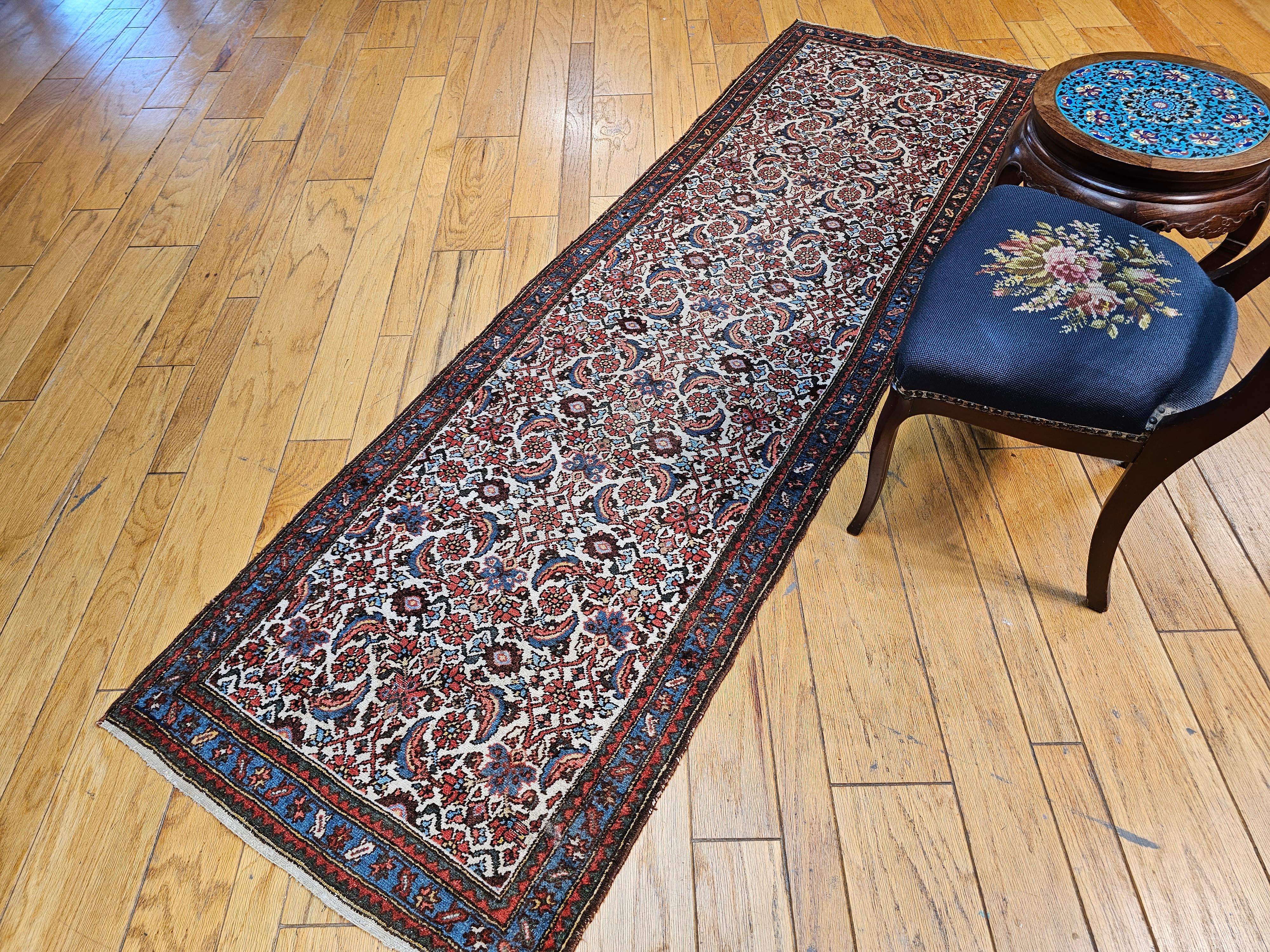 Vintage Persian Bidjar Runner in Allover Herati Pattern in Ivory, French Blue For Sale 2