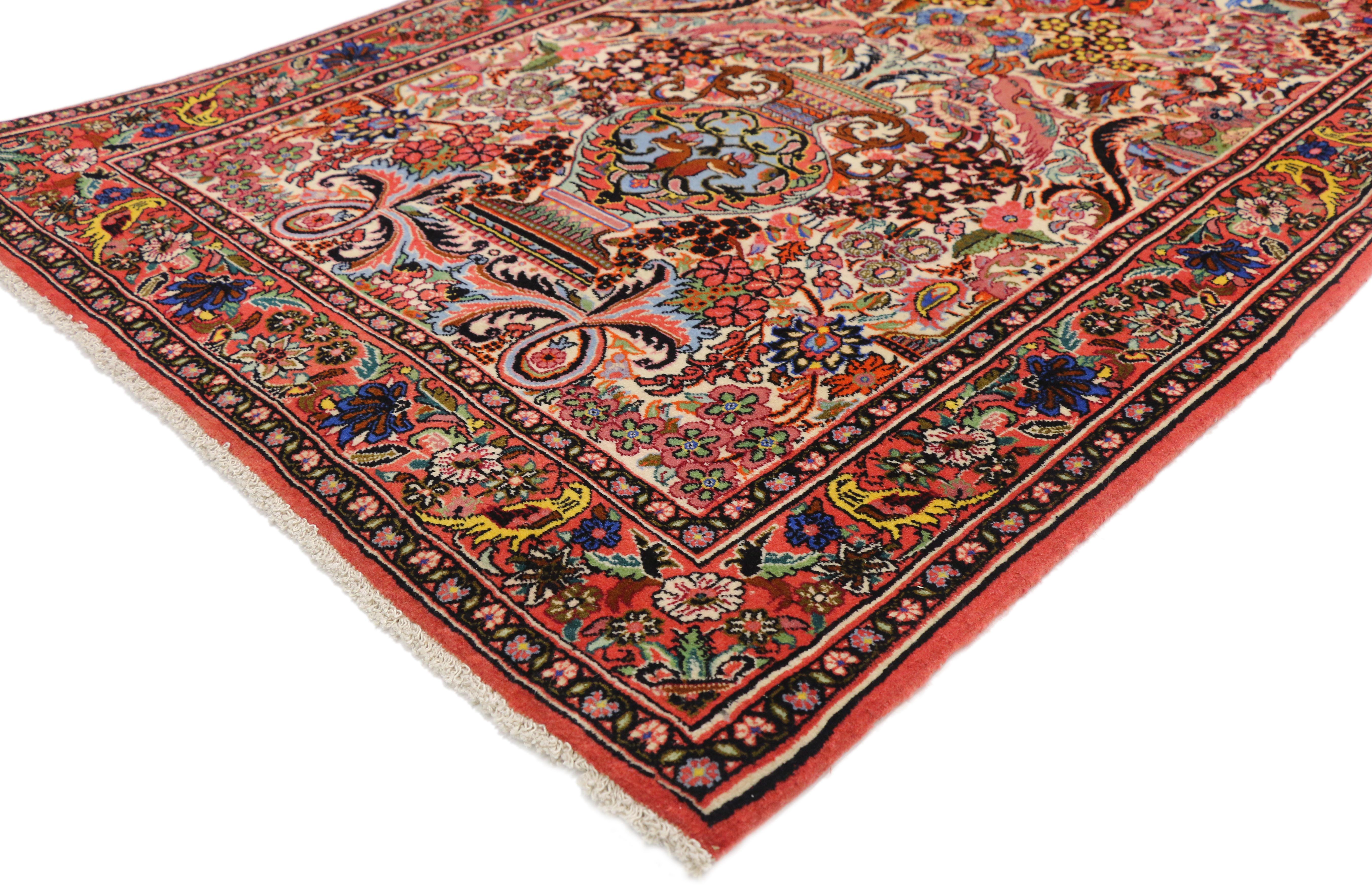 75995, vintage Persian Bijar Kashan floral vase design rug with Art Nouveau style. With an array of florals, birds, arabesque vines, and poly-chromatic millefleur pattern, this hand knotted wool vintage Persian Bijar Kashan rug embodies a true Art