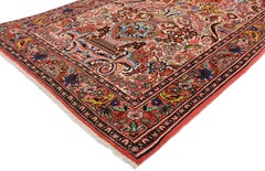 Vintage Persian Bijar Kashan Floral Vase Design Rug with Art Nouveau Style