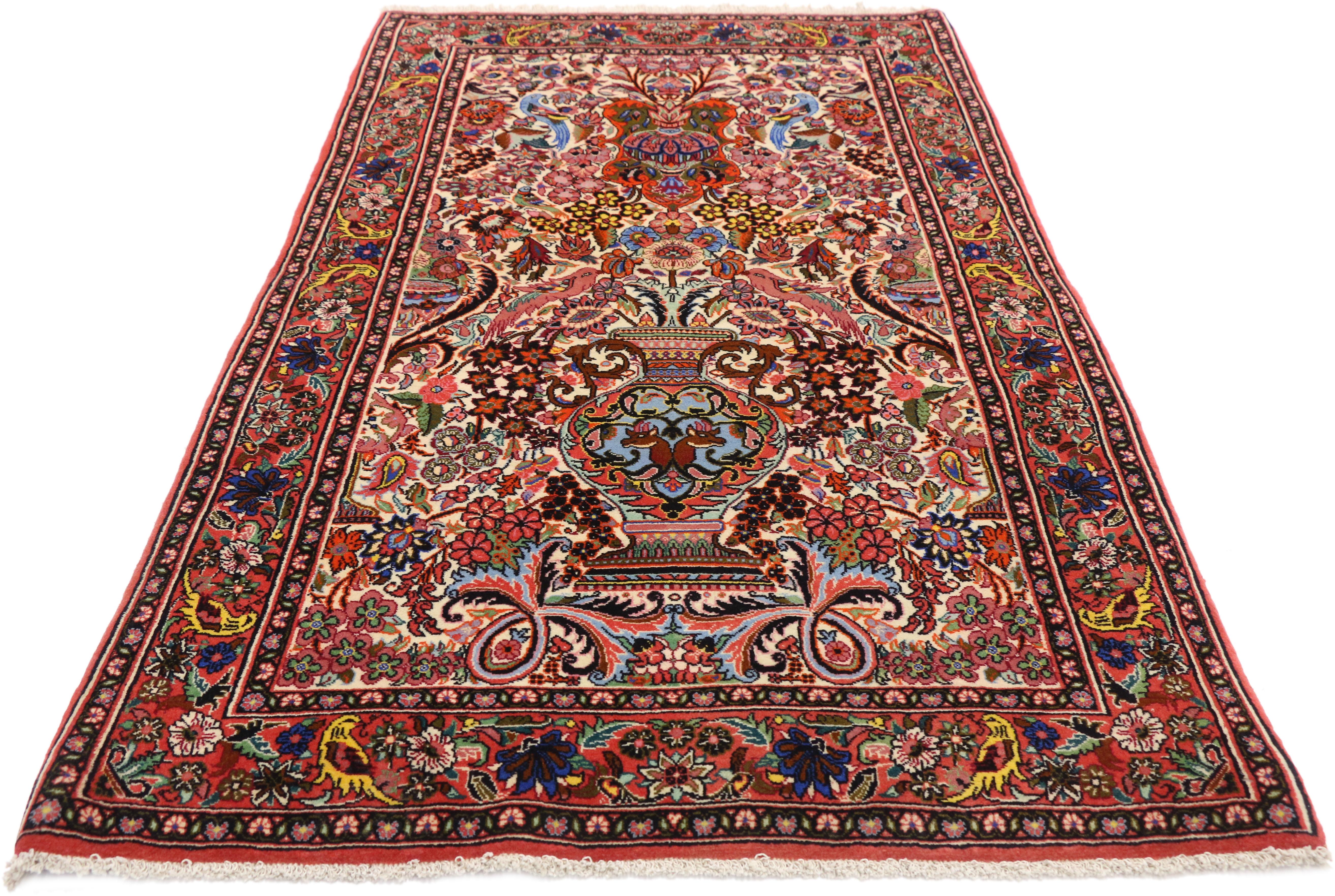 Hand-Knotted Vintage Persian Bijar Kashan Floral Vase Design Rug with Art Nouveau Style