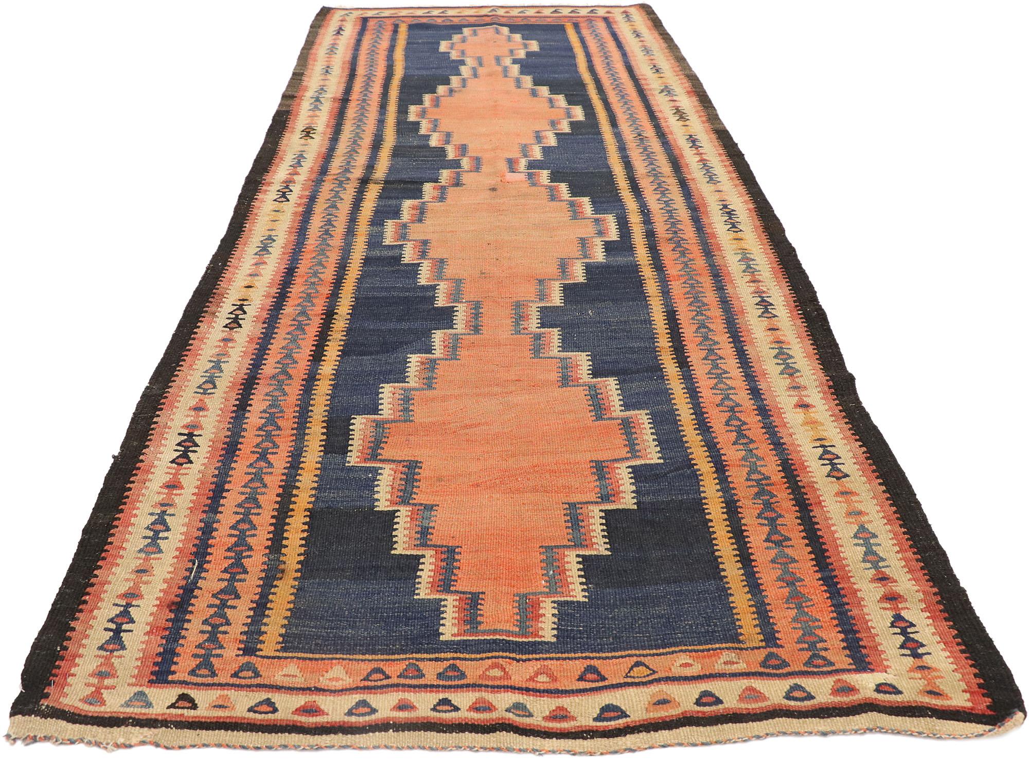 Hand-Woven Vintage Persian Bijar Kilim Rug, Modern Desert Chic Meets Tribal Enchantment  For Sale