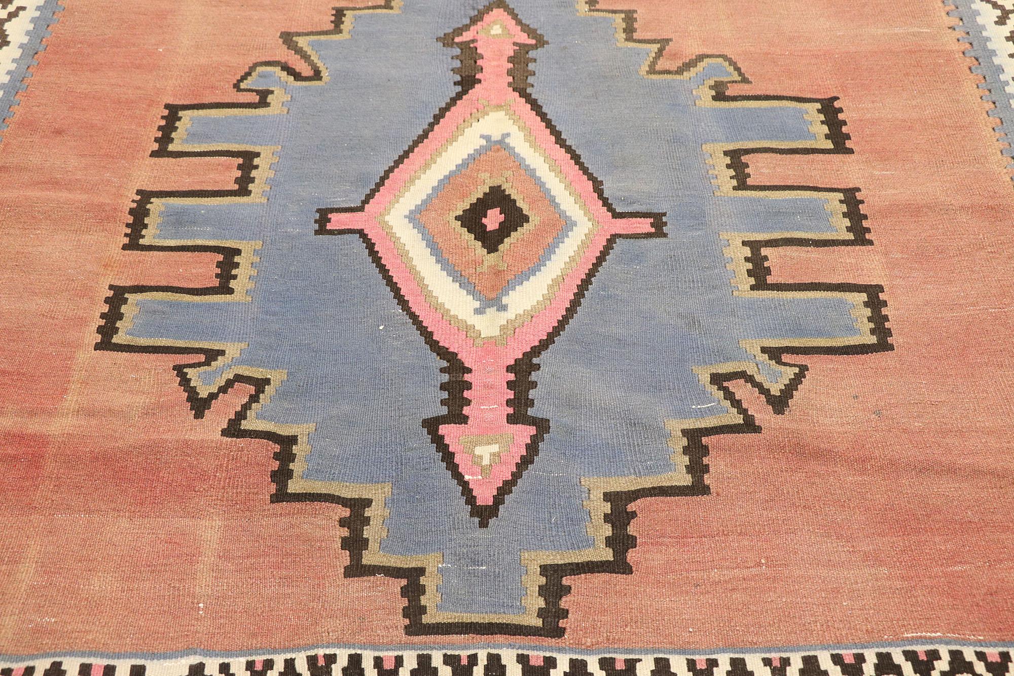 Vintage Persian Bijar Kilim Rug, Nomadic Charm Meets Modern Boho Chic In Good Condition For Sale In Dallas, TX