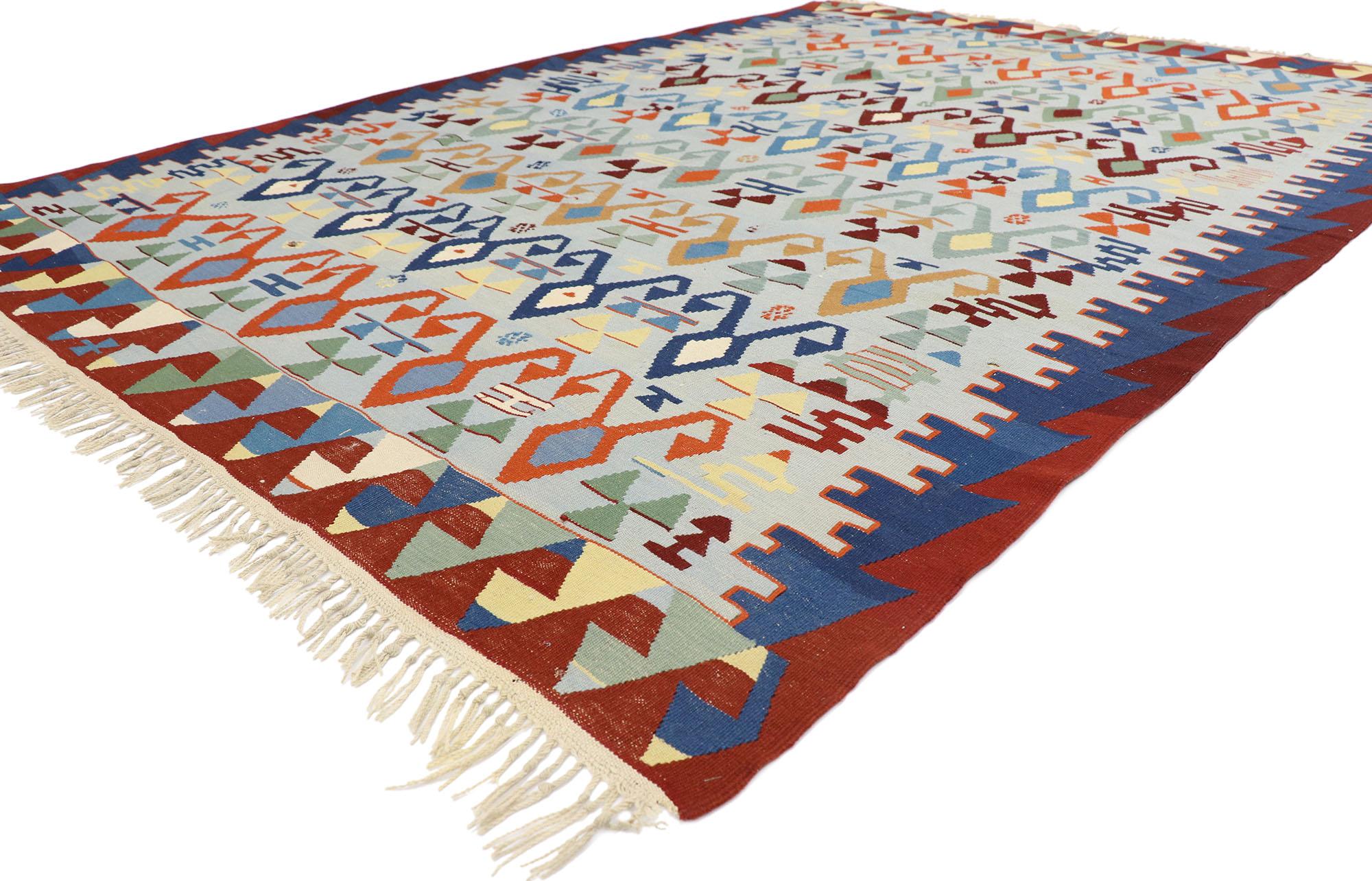 77945 Vintage Persian Bijar Kilim Rug, 06'07 x 09'01.
Embark on a journey where tribal allure converges with the free-spirited charm of nomadic boho chic in our meticulously handwoven wool vintage Persian Bijar kilim rug. Immerse yourself in the