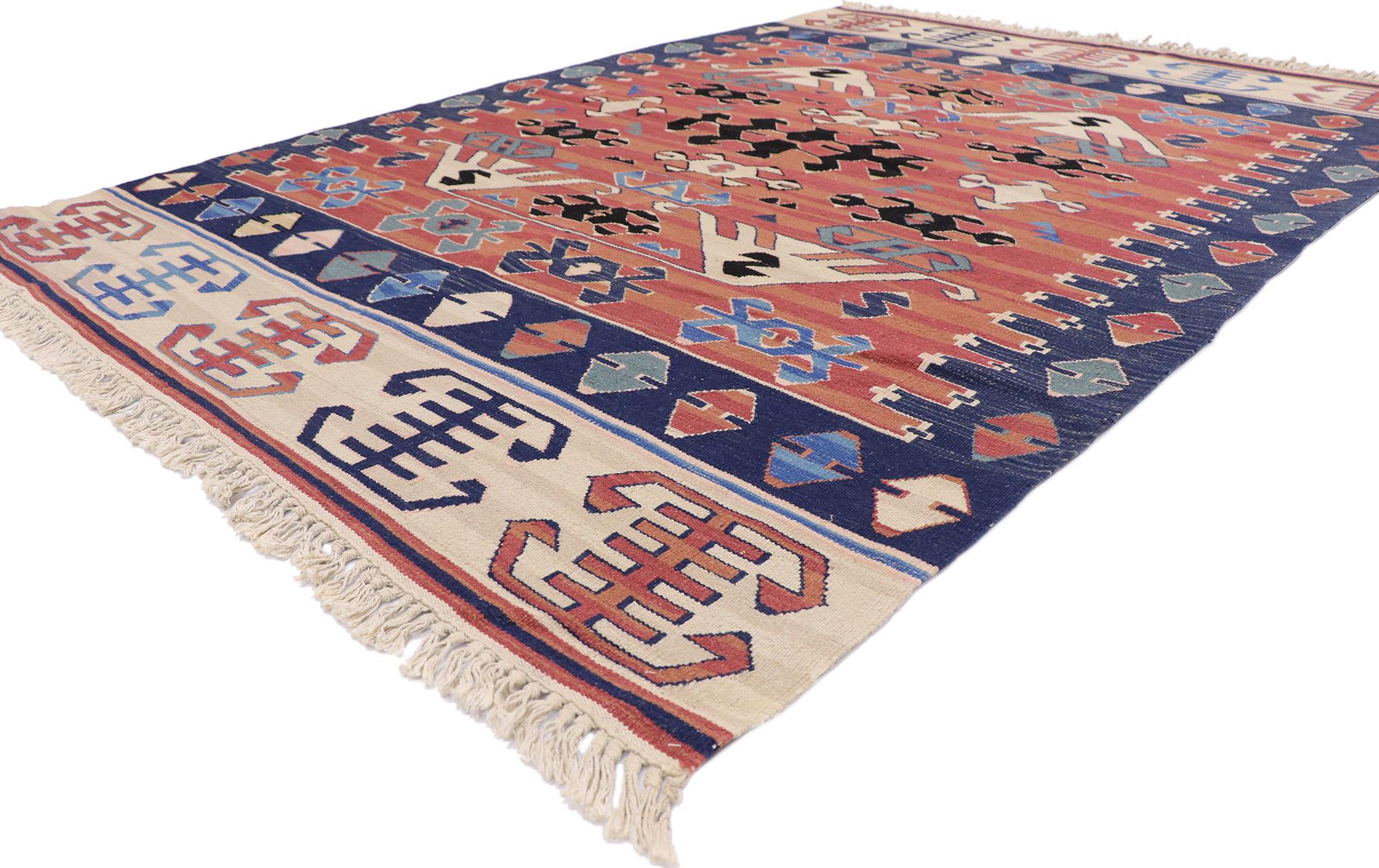 77947 Vintage Persian Bijar Kilim Rug, 05'06 x 07'10.
Embark on a transcendent journey where tribal enchantment converges with the free-spirited allure of boho gypset style, encapsulated within the intricate threads of our handwoven wool vintage