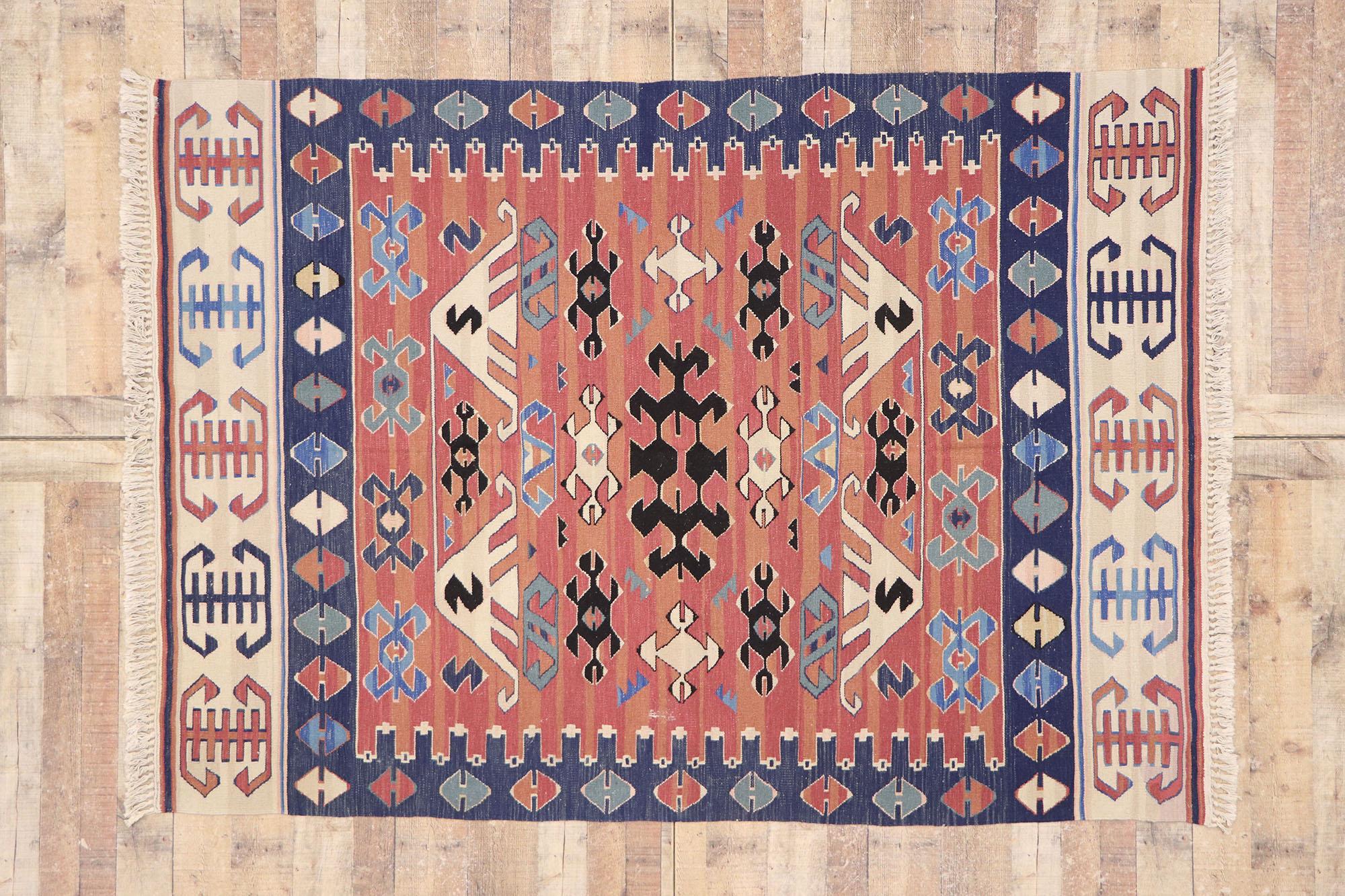 Vintage Persian Bijar Kilim Rug, Tribal Enchantment Meets Boho Gypset Style For Sale 2