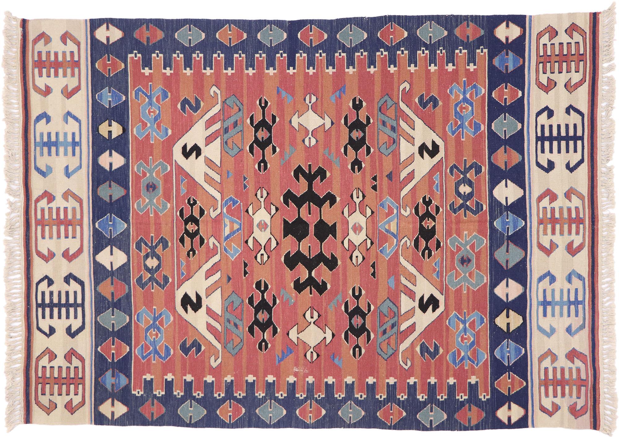 Vintage Persian Bijar Kilim Rug, Tribal Enchantment Meets Boho Gypset Style For Sale 3